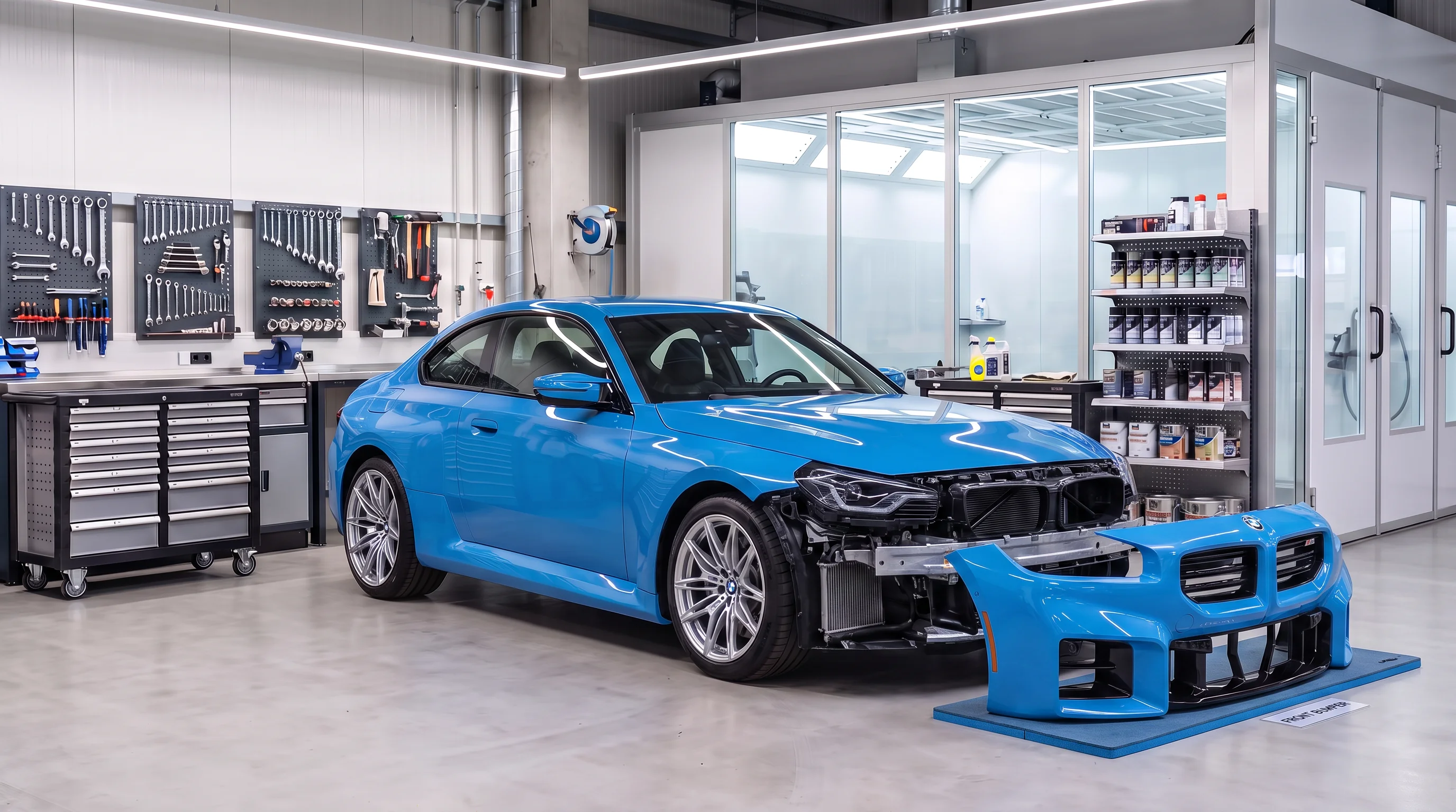 Técnico de carrocería trabajando en un vehículo dentro del centro de colisión certificado de BMW of Riverside
