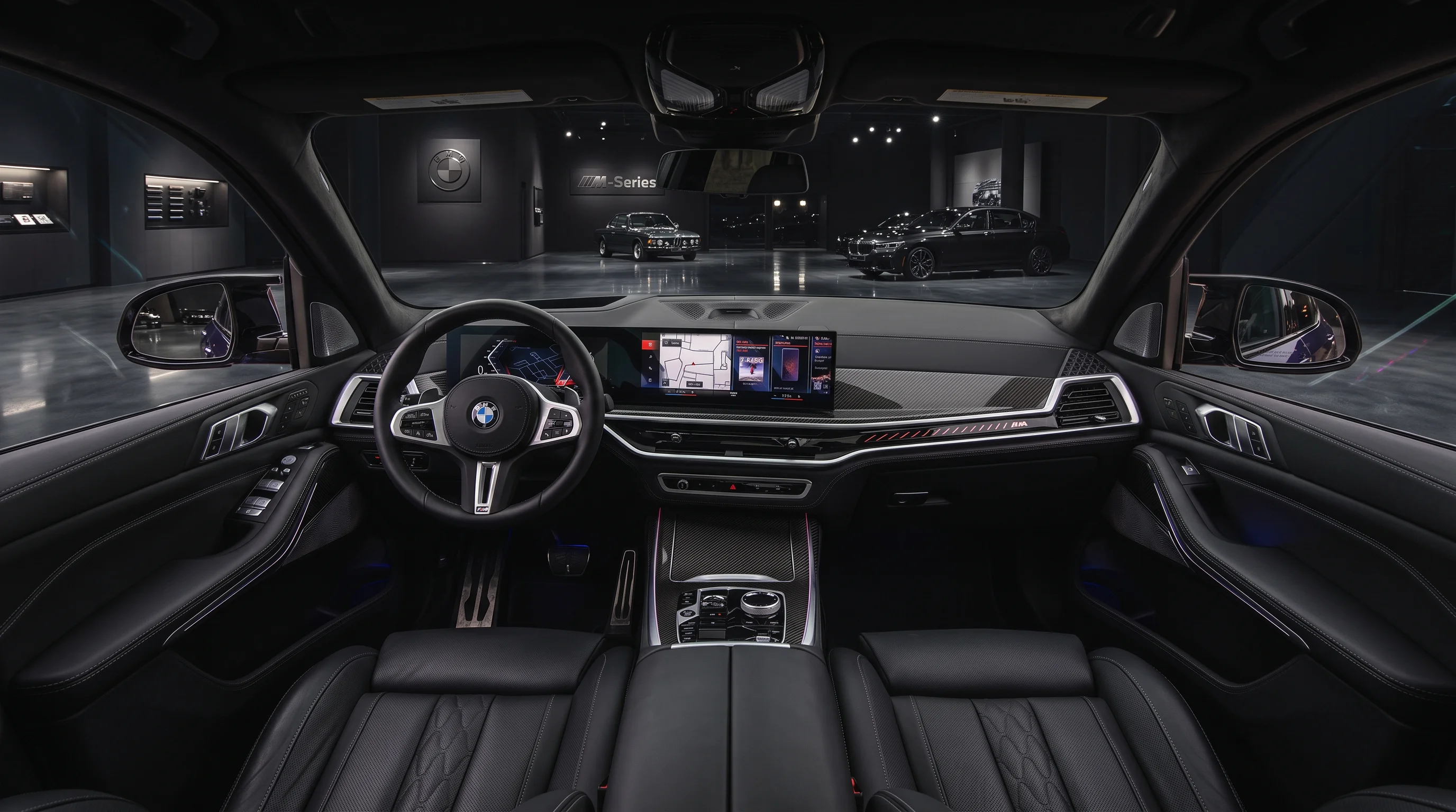 2027 BMW X7 interior showing the BMW Curved Display, front seats, and center console