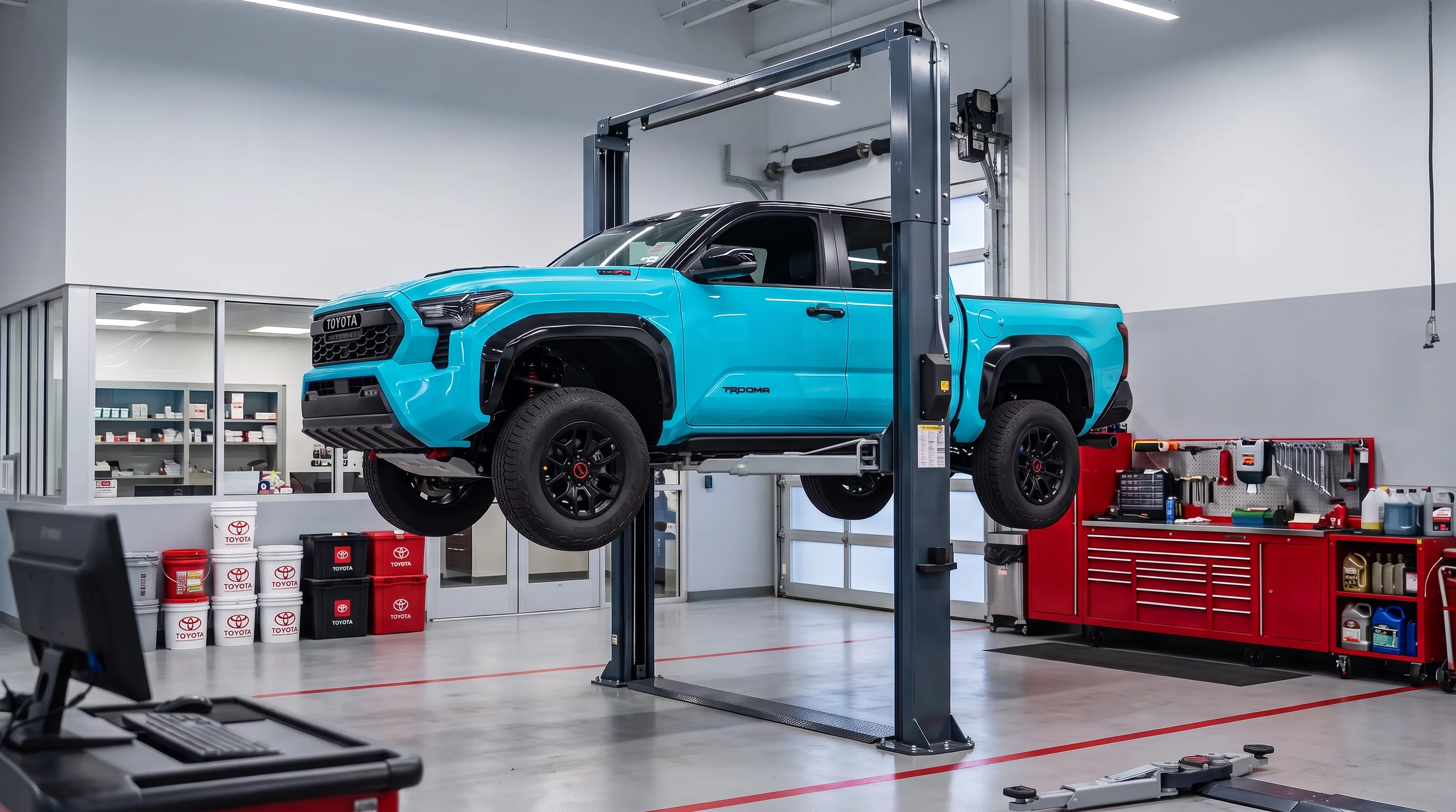 Toyota Tacoma in the service bay at Capistrano Valley Toyota in San Juan Capistrano