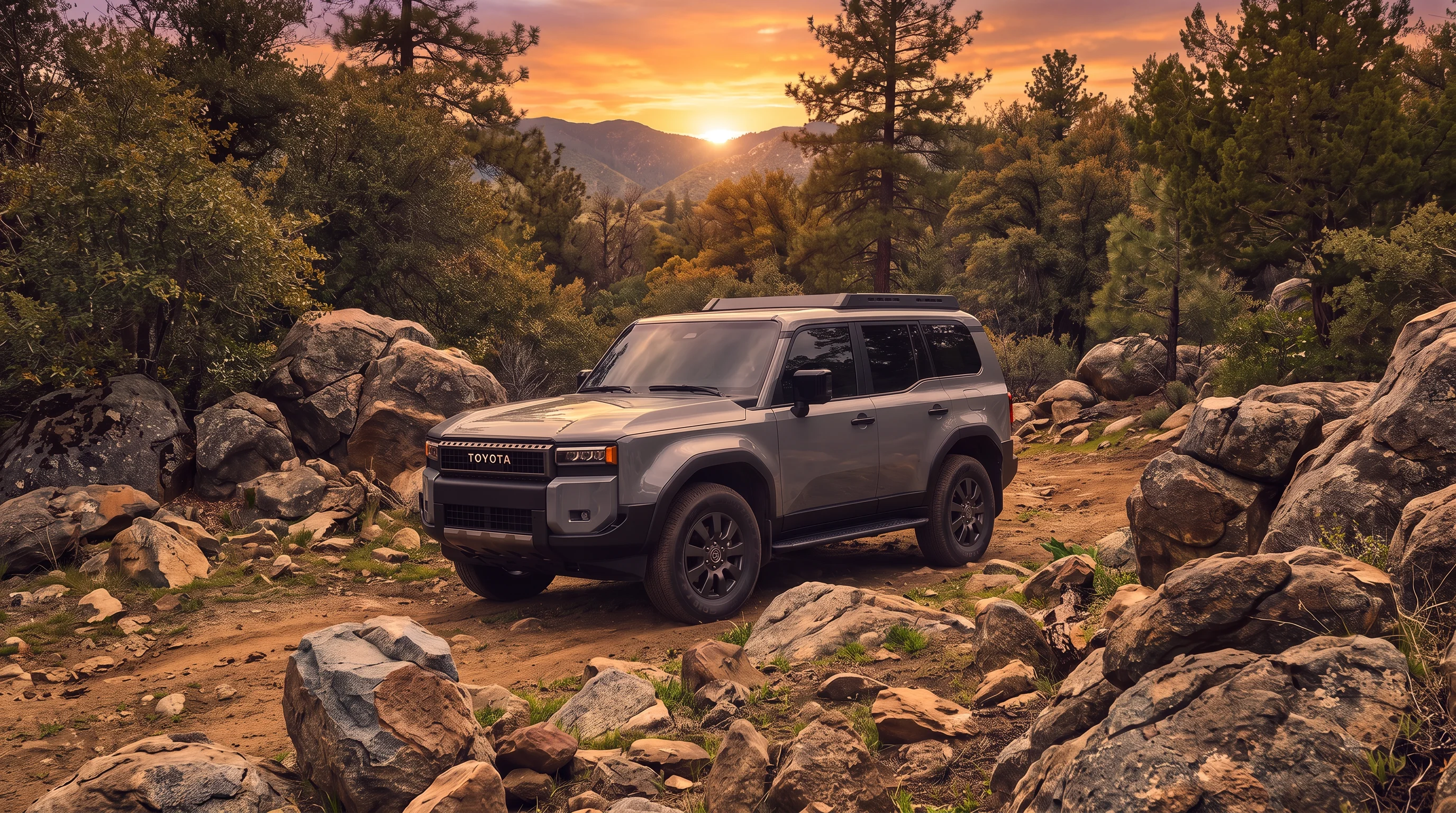 2027 Toyota Land Cruiser parked on an unpaved trail, showing its boxy body-on-frame profile and off-road stance