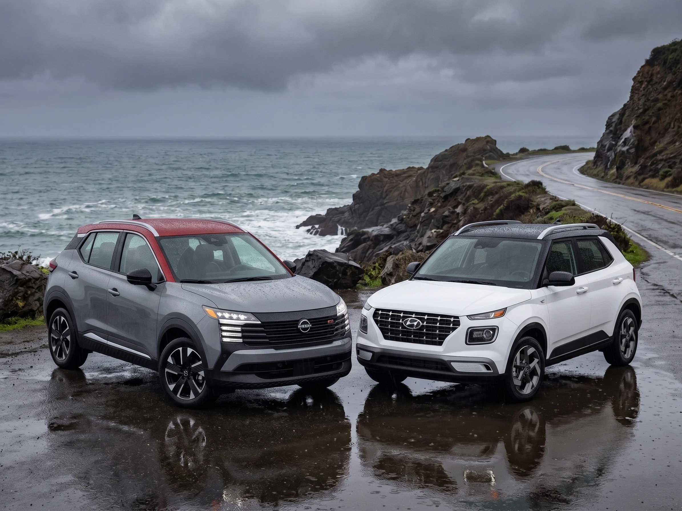 2026 Nissan Kicks and 2026 Hyundai Venue subcompact crossovers compared side by side at Empire Nissan in Ontario, CA