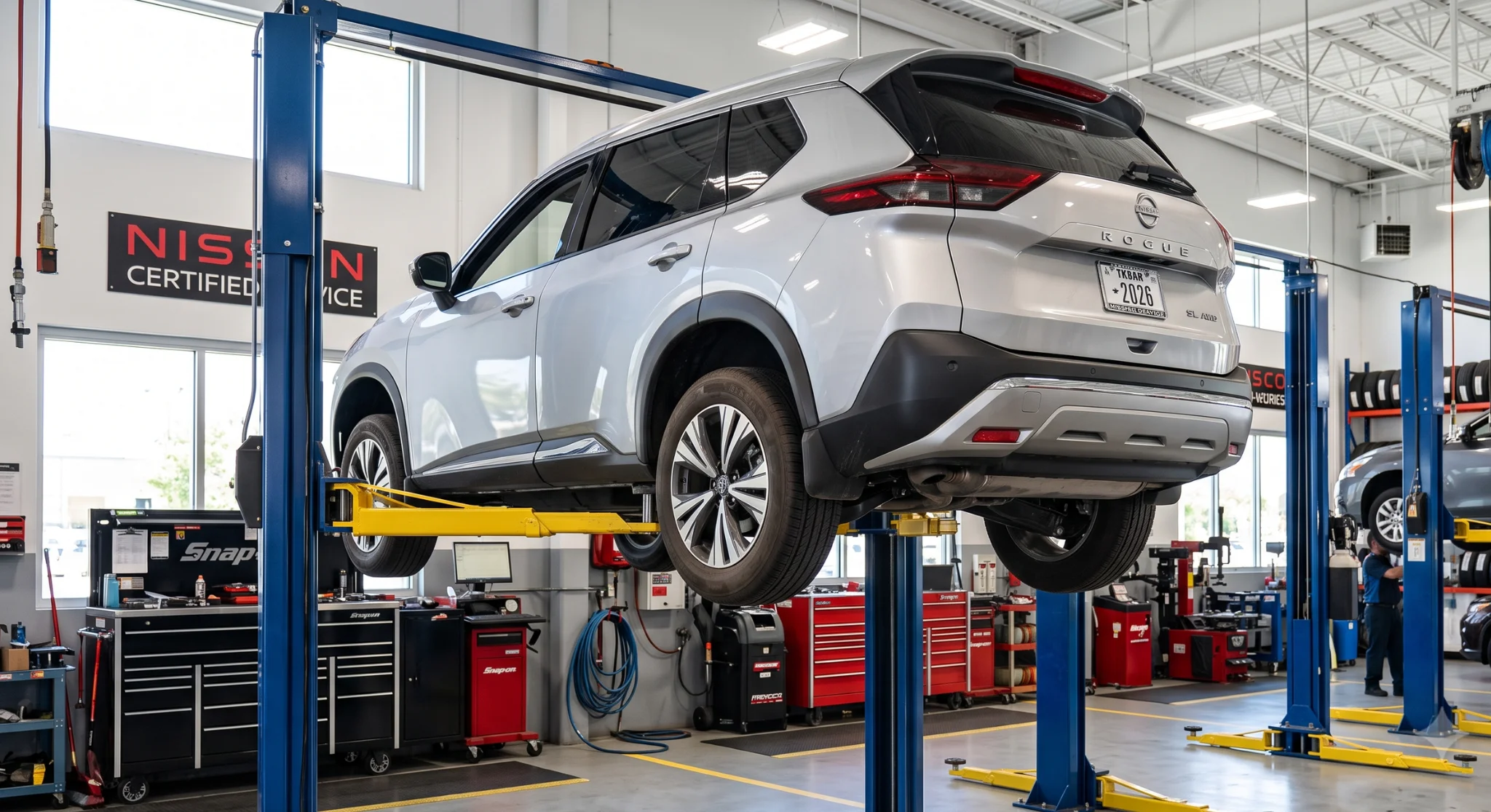 Técnico de servicio realizando el mantenimiento de un Nissan en el centro de servicio de Empire Nissan en Ontario, CA