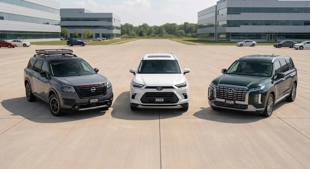 2026 Nissan Pathfinder shown alongside the Toyota Highlander and Hyundai Palisade three-row SUV comparison at Empire Nissan in Ontario, CA