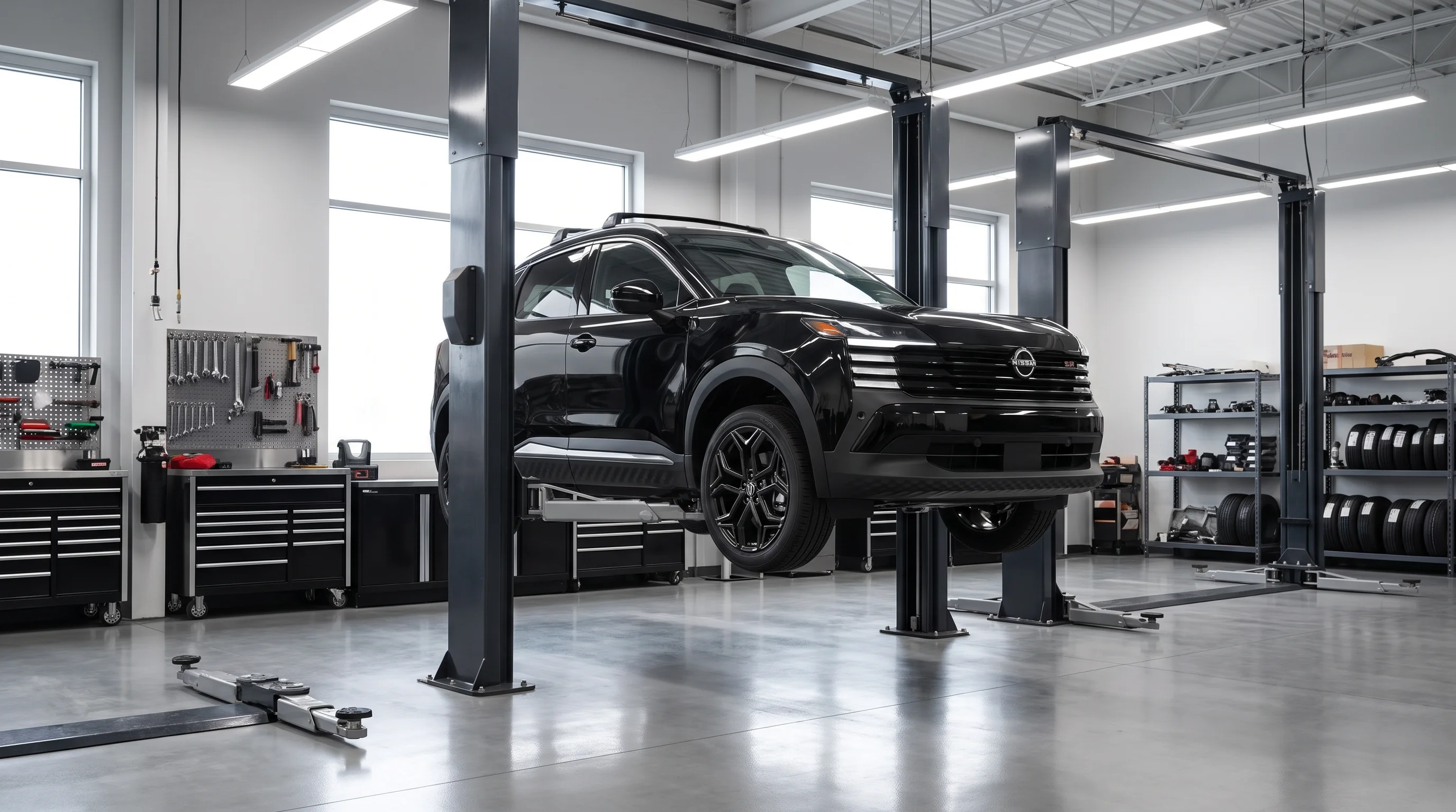 A Nissan crossover in a service bay at the Empire Nissan service center in Ontario, CA