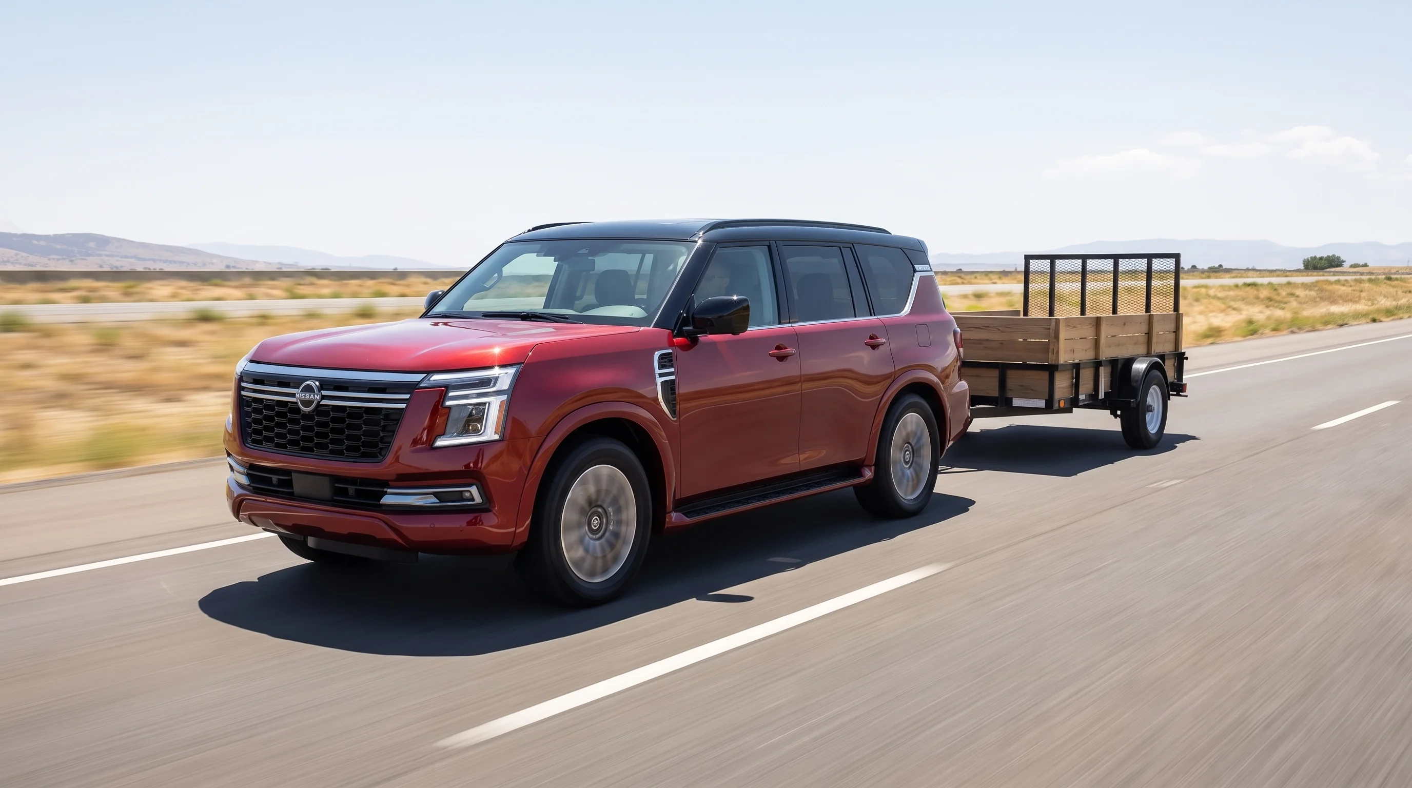 2026 Nissan Armada full-size SUV set up for towing, rated at 8,500 lbs maximum towing capacity