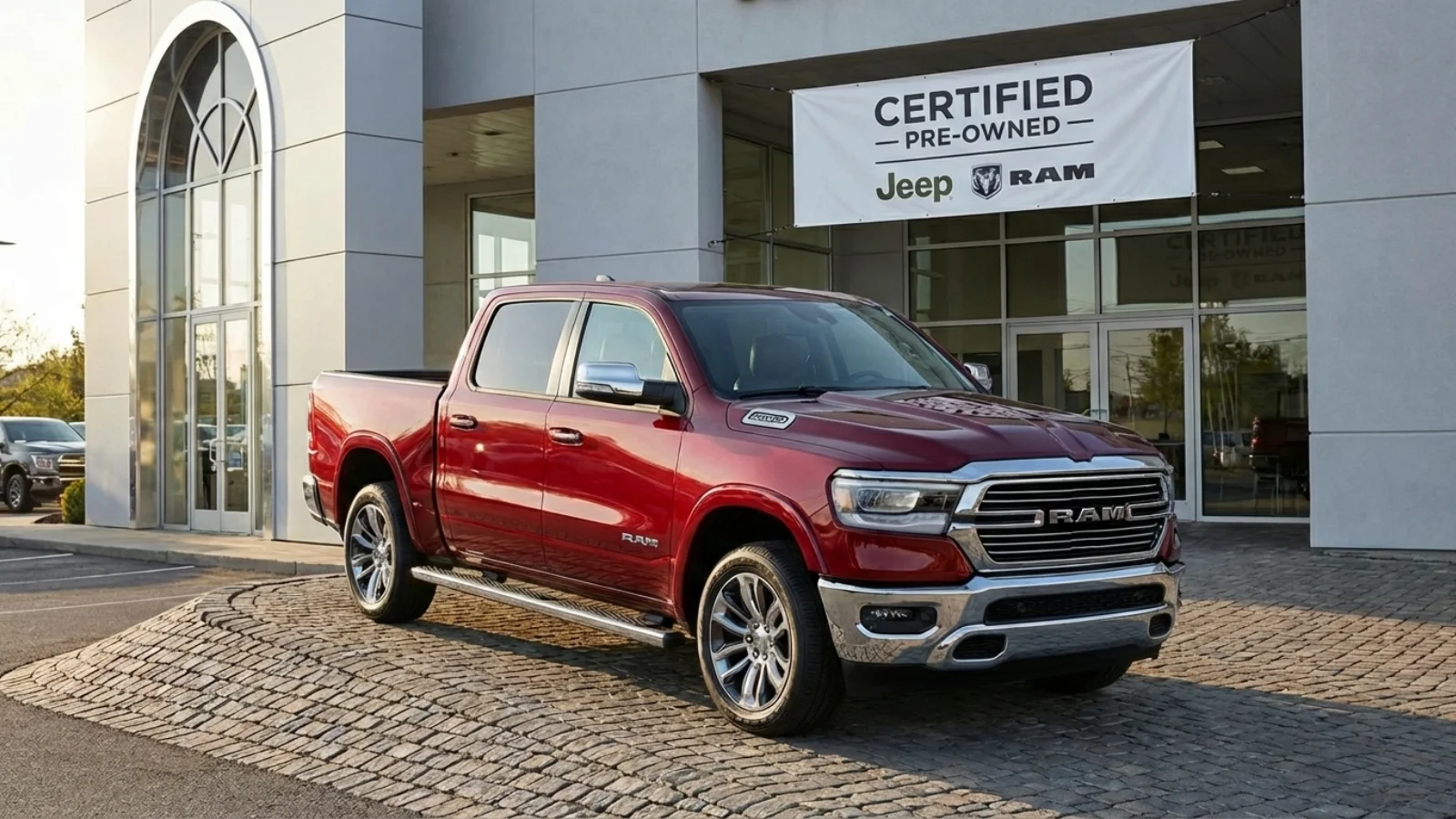 Red Ram 1500 pickup truck parked at a dealership with Certified Pre-Owned banner.