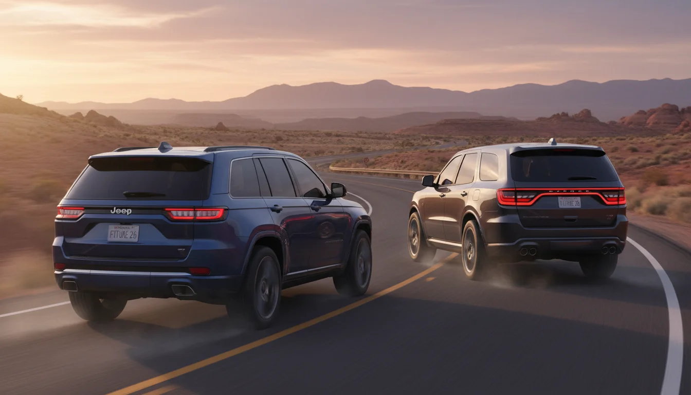 AI generated: 2026 Jeep Grand Cherokee and Dodge Durango SUVs, driving away