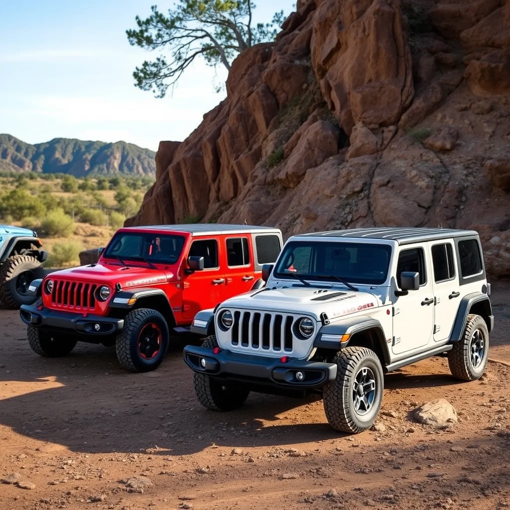 2026 Jeep Wrangler Rubicon 4-Door models in a rugged outdoor setting.