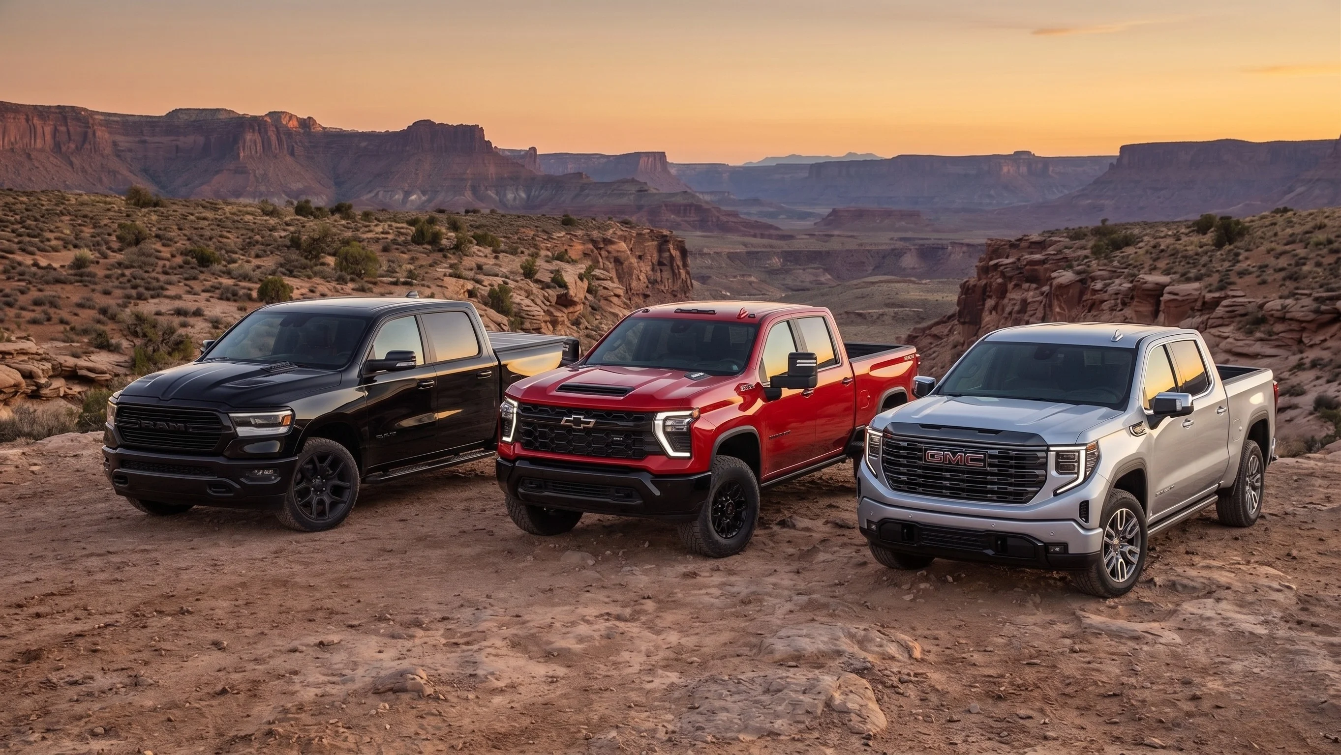 2026 RAM 1500, Chevrolet Silverado 1500, and GMC Sierra 1500 half-ton pickups compared