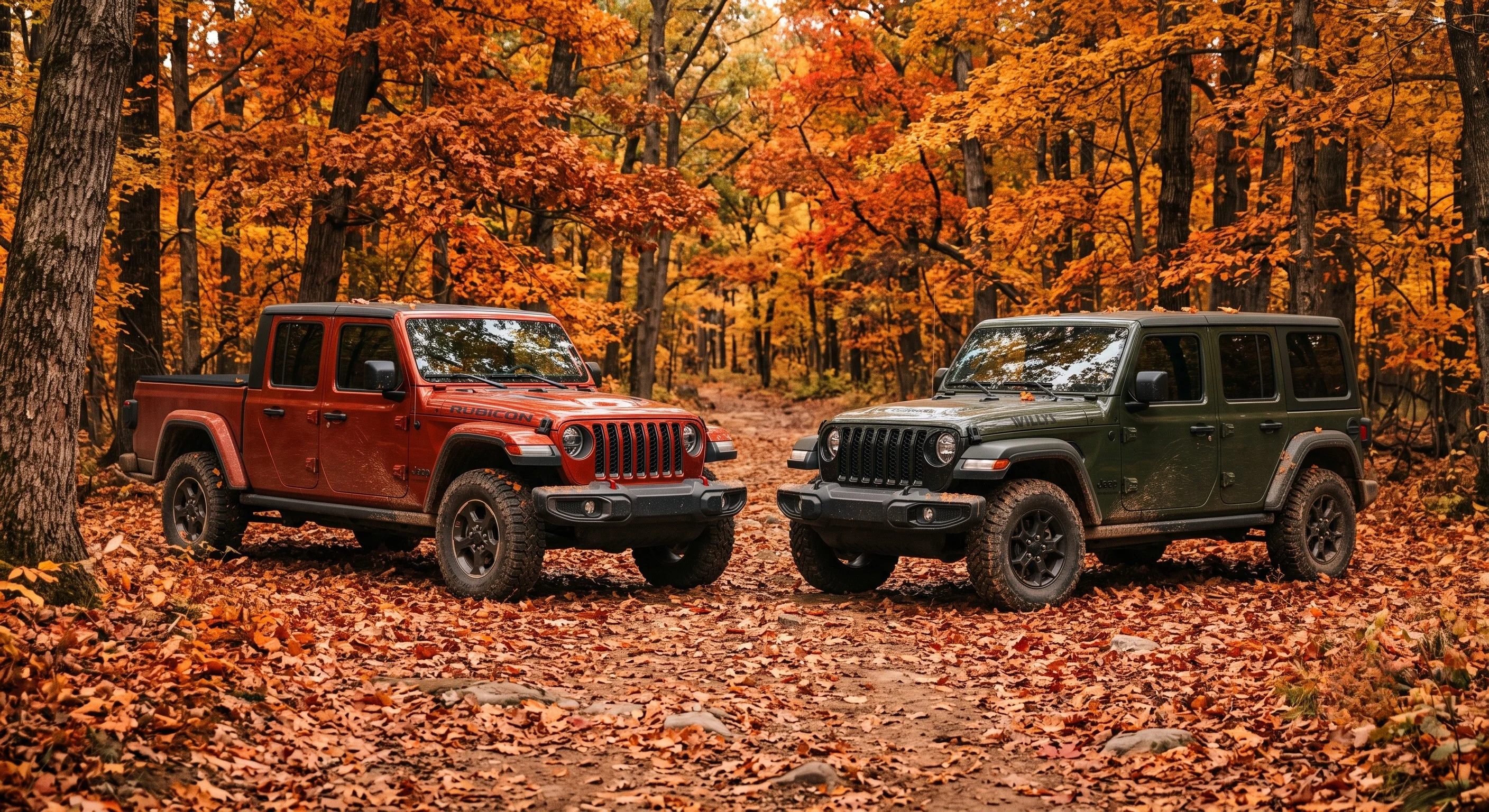 2026 Jeep Gladiator and 2026 Jeep Wrangler shown side by side at Fontana Chrysler Dodge Jeep Ram
