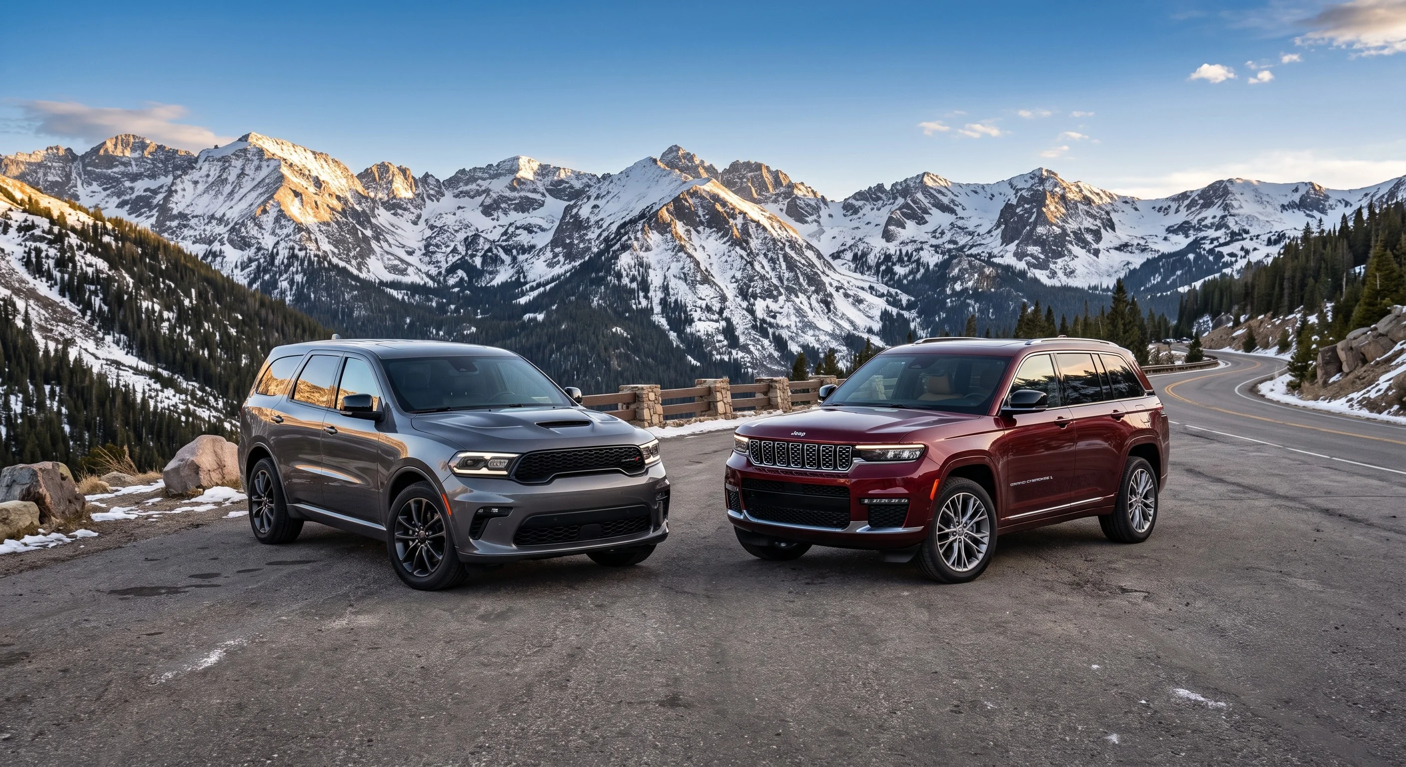 2026 Dodge Durango and 2026 Jeep Grand Cherokee L three-row SUVs compared side by side at Fontana Chrysler Dodge Jeep Ram
