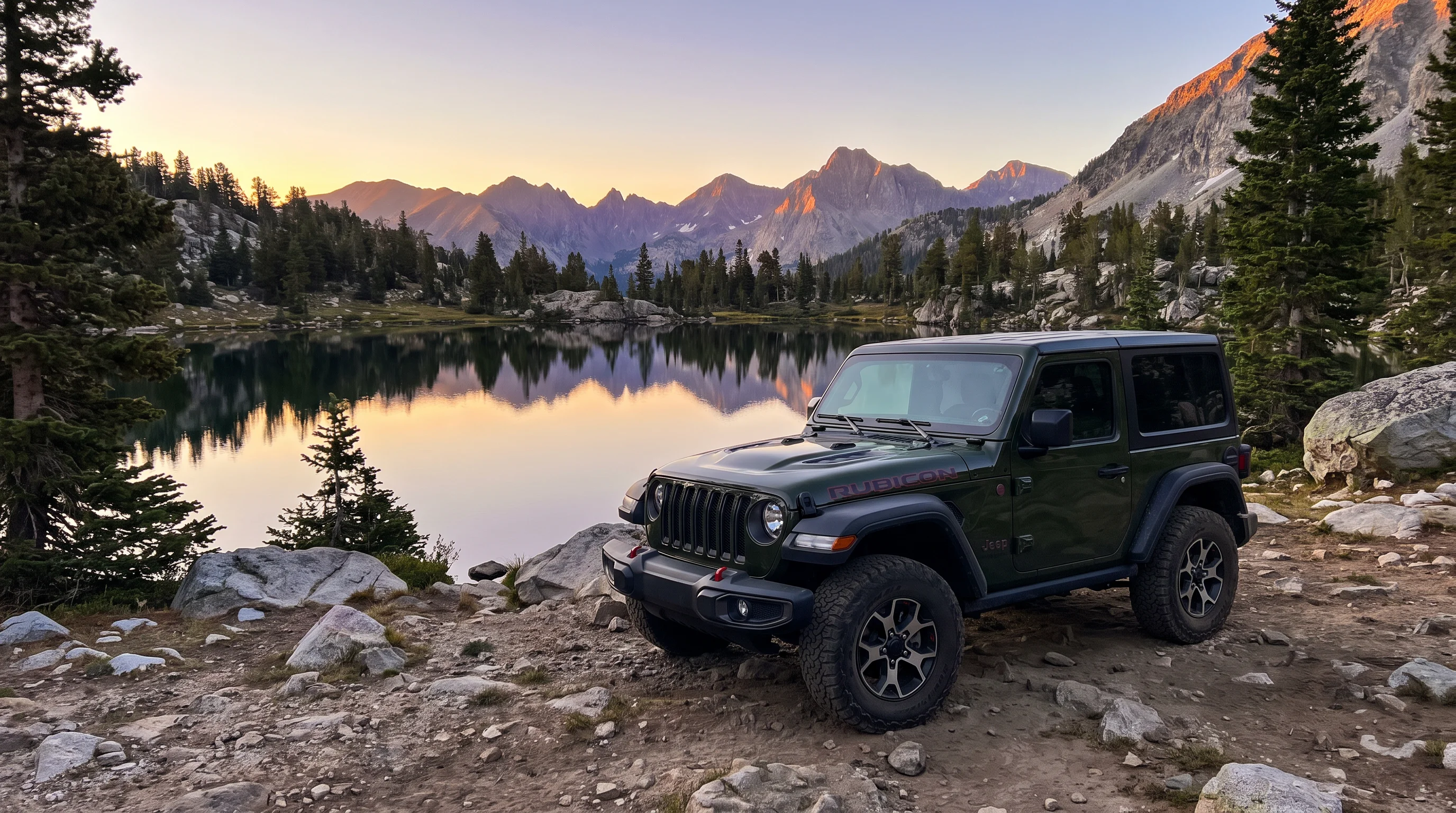 2026 Jeep Wrangler parked on an unpaved trail, shown from a front three-quarter angle