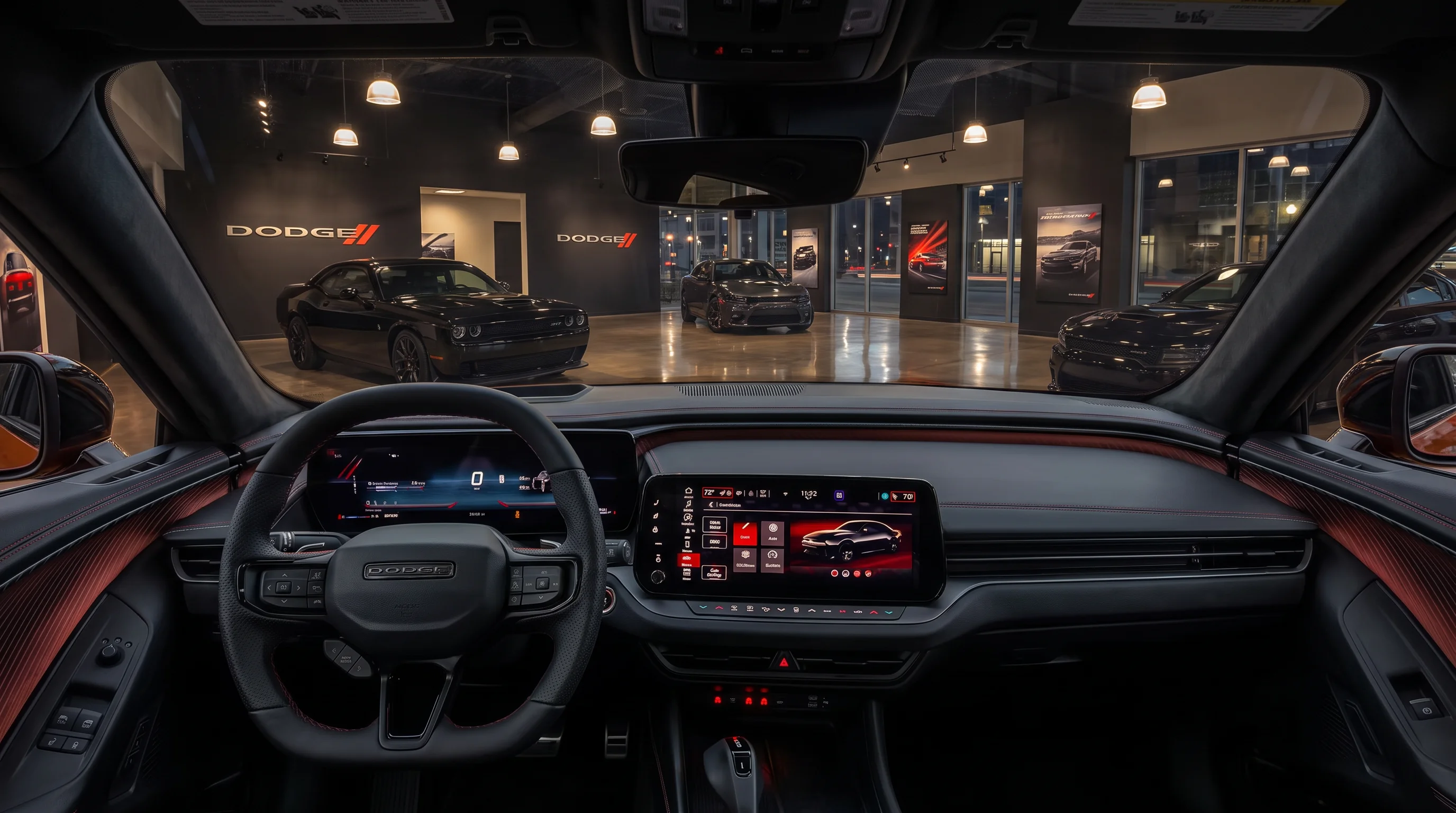 2027 Dodge Charger interior showing the 12.3-inch Uconnect 5 touchscreen and digital gauge cluster
