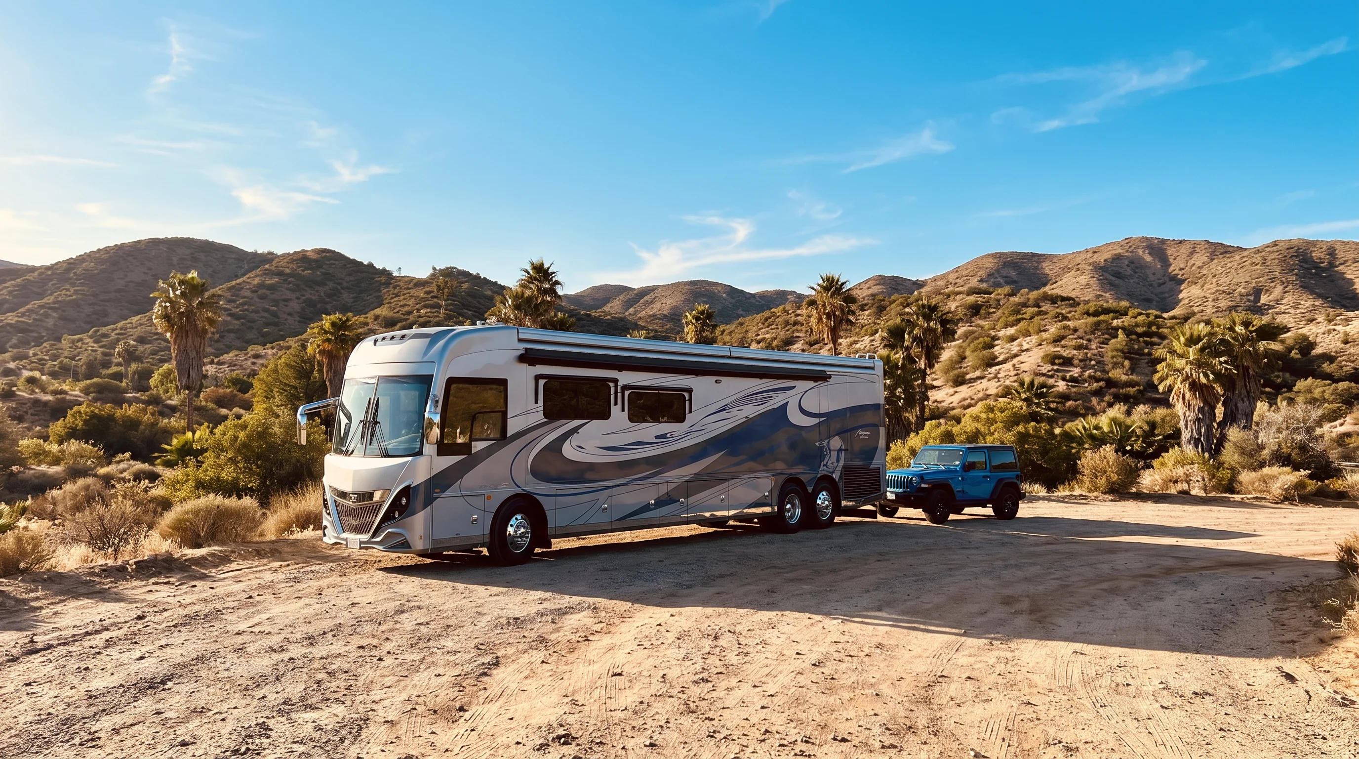 Jeep Wrangler flat-towed four wheels down behind a motorhome on a highway