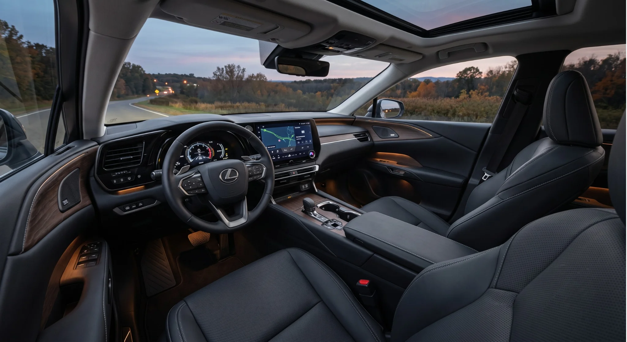 2026 Lexus RX 350 interior showing the driver-focused dashboard, Lexus Interface touchscreen, and digital gauge cluster