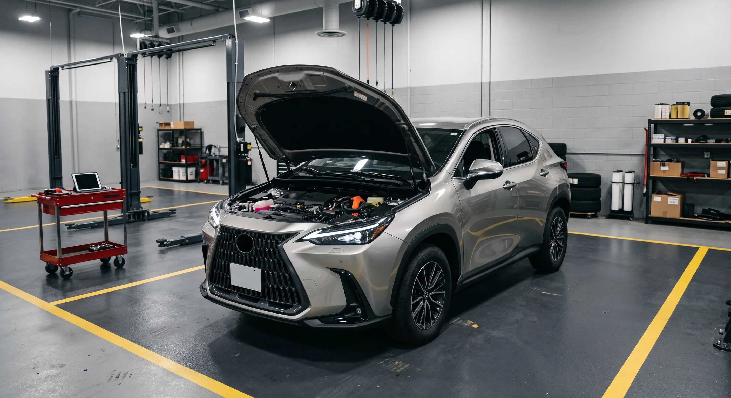 Fresno Lexus service technician performing summer A/C and coolant flush service on a Lexus