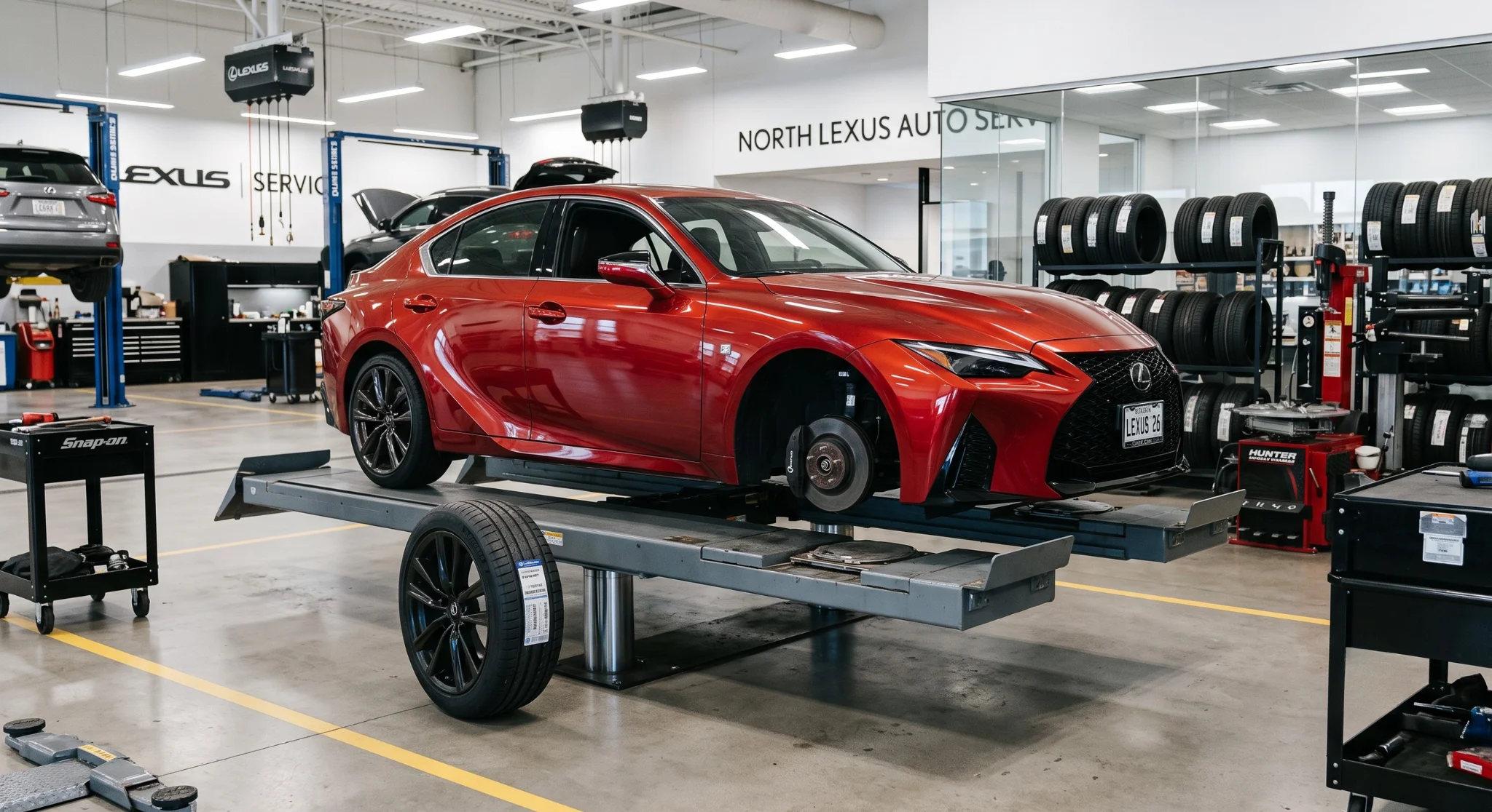 Factory-trained technician performing a tire rotation and wheel alignment on a Lexus at Fresno Lexus