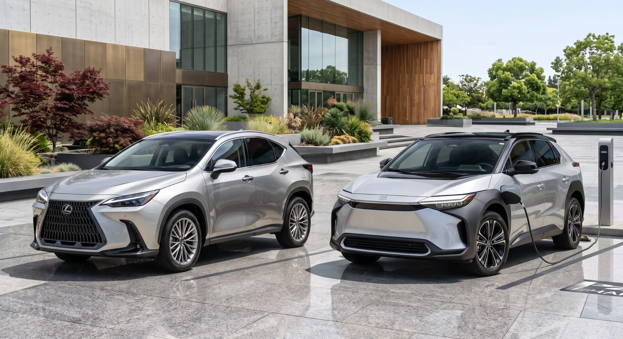 A Lexus hybrid parked next to a Toyota hybrid