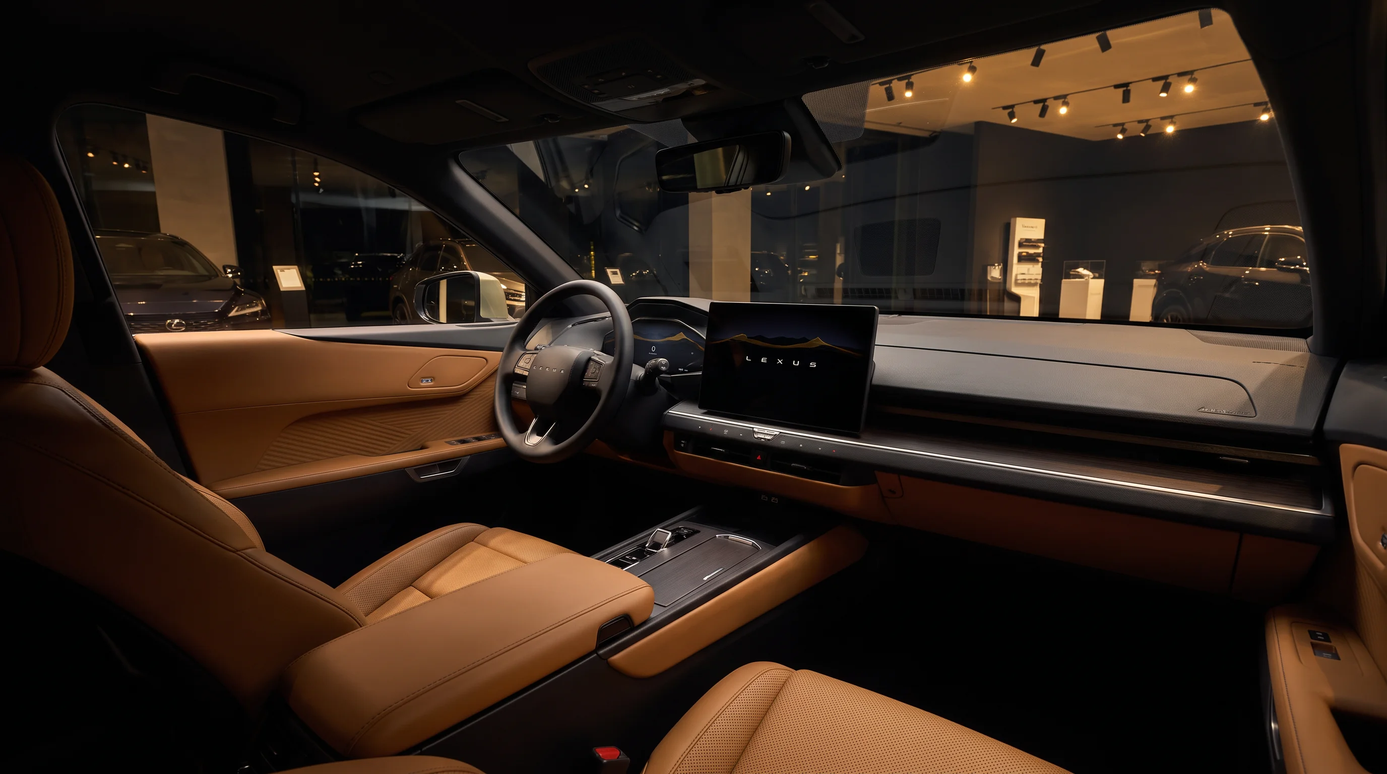 2026 Lexus ES interior with 14.0-inch Lexus Interface touchscreen, 12.3-inch driver display, and front seats