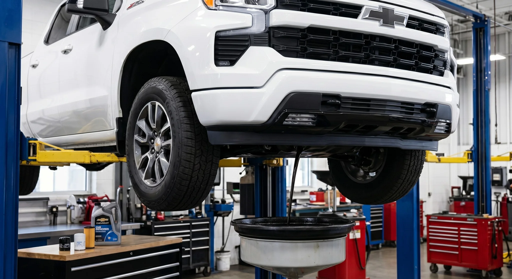 Certified service technician performing an oil change on a 2026 Chevrolet vehicle at Galleria Chevrolet in Dallas