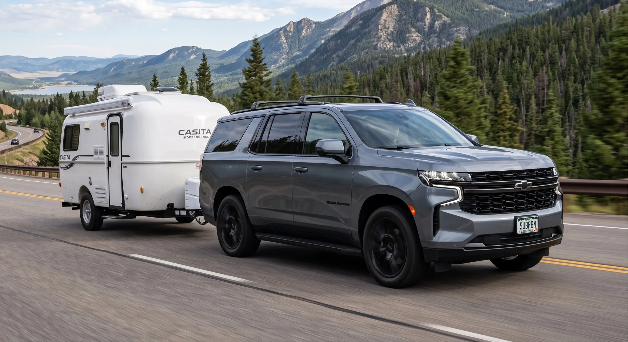 2026 Chevrolet Suburban towing a trailer, full-size SUV