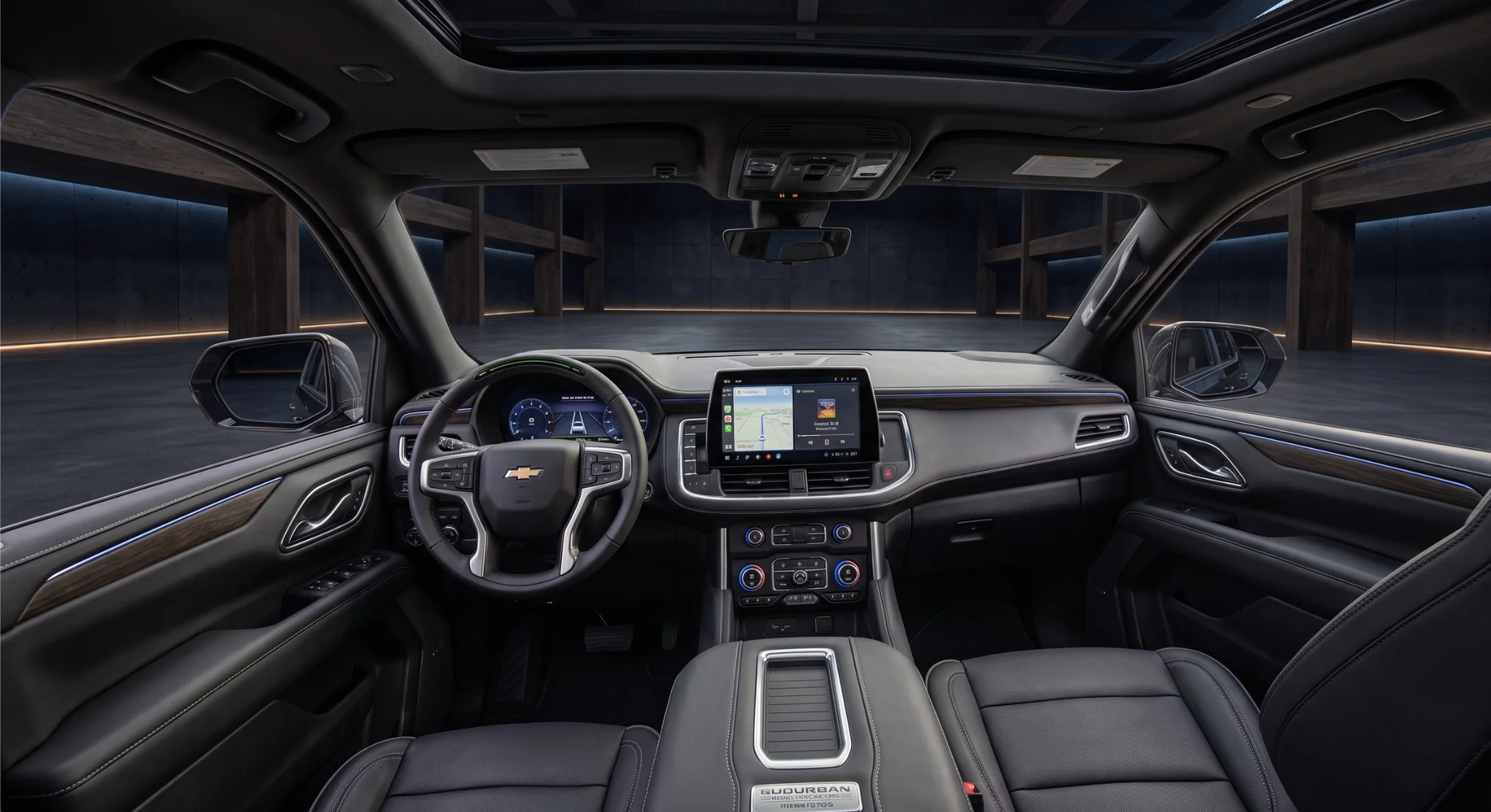 2026 Chevrolet Suburban interior showing three rows of seating and the 17.7-inch touchscreen at Galleria Chevrolet in Dallas, TX