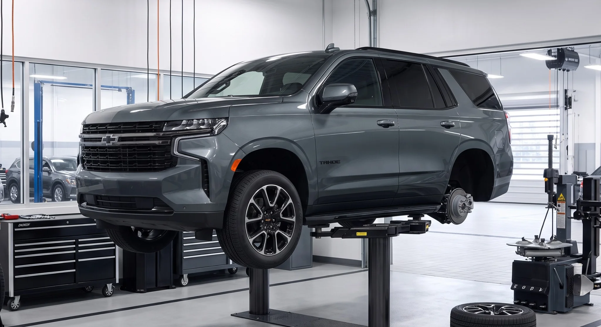 Certified technician performing a Chevrolet tire rotation and wheel balance service at Galleria Chevrolet in Dallas