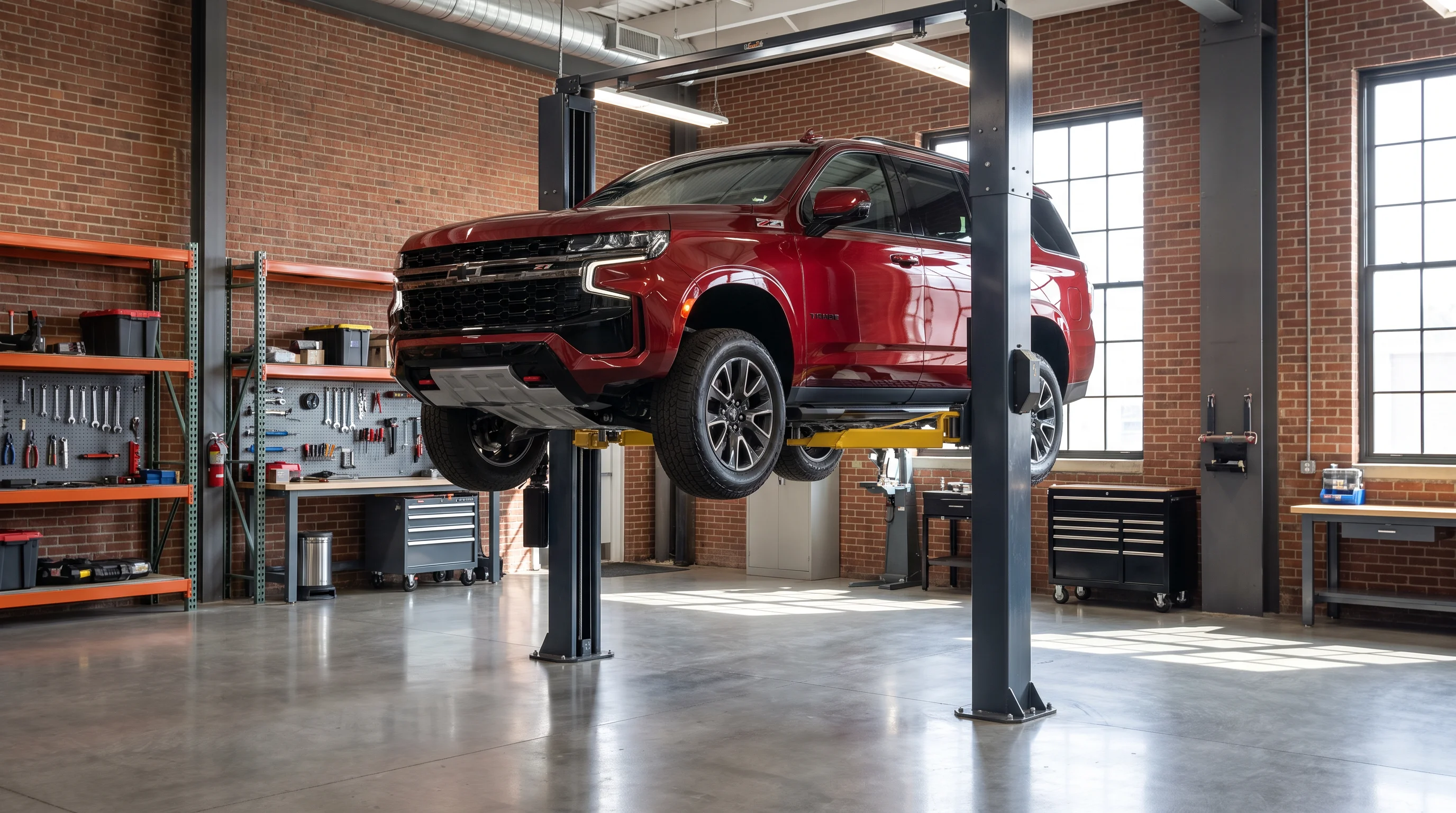 Vehículo Chevrolet sobre un elevador mecánico en el taller de servicio de Galleria Chevrolet en Dallas, TX