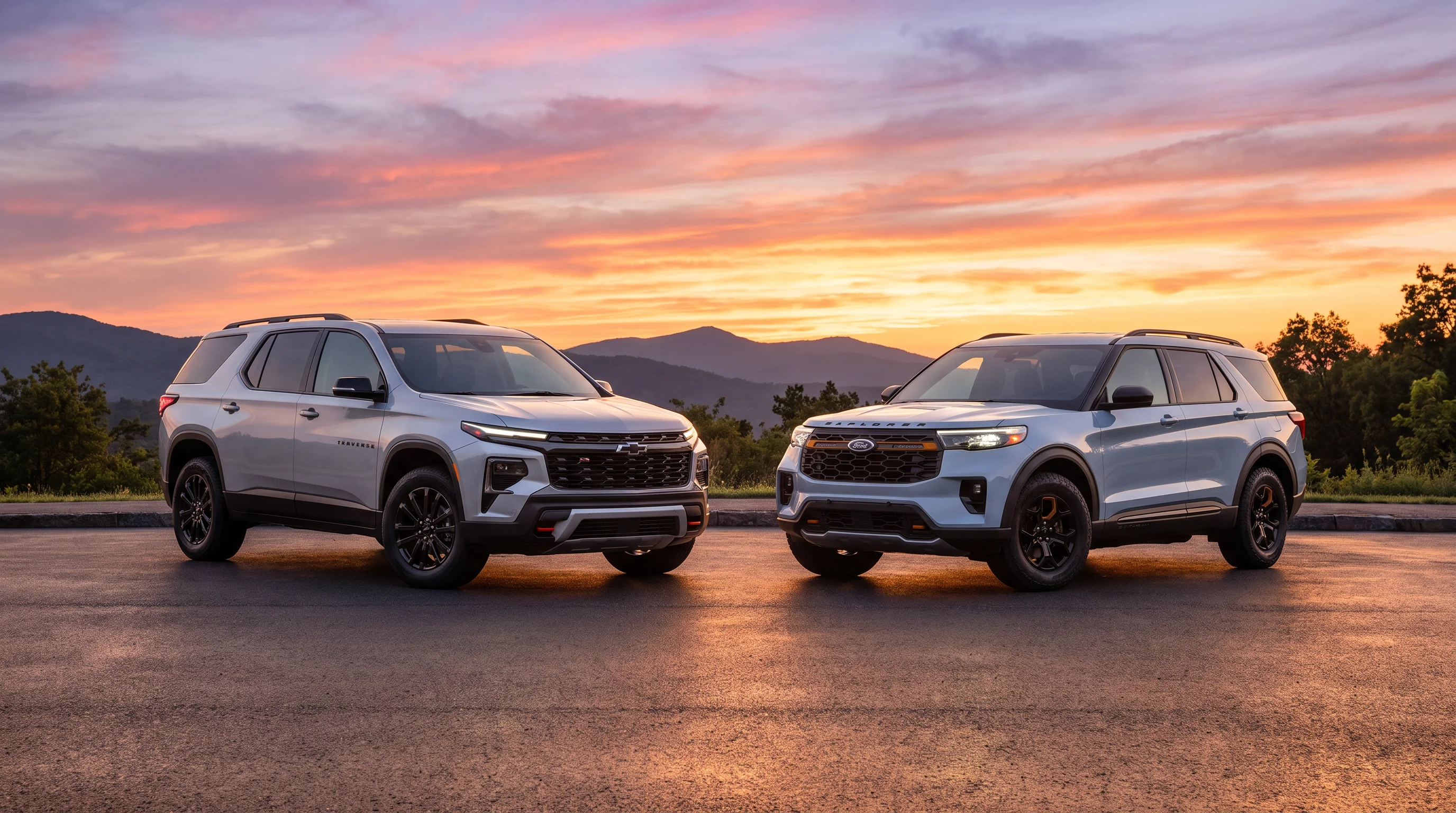 2026 Chevrolet Traverse compared with the 2026 Ford Explorer three-row SUV at Galleria Chevrolet in Dallas, TX