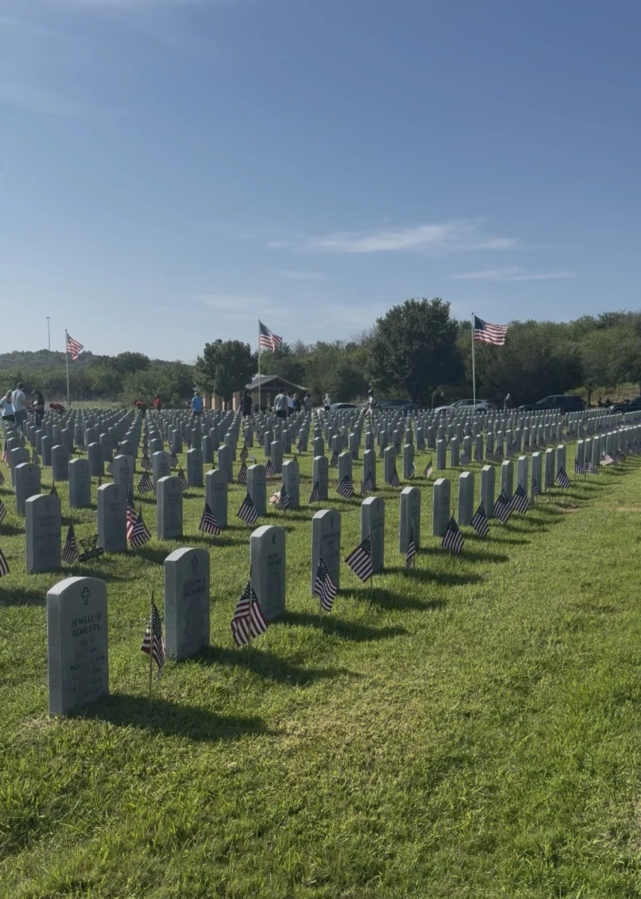 Rows of American flags at veterans' grave sites at DFW National Cemetery