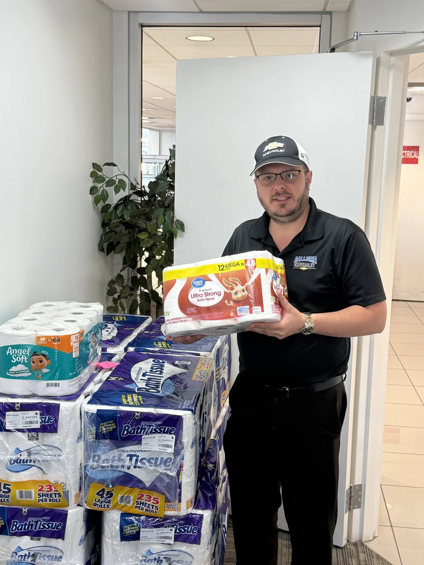 Toilet paper donated by Galleria Chevrolet for the Metrocrest Services drive
