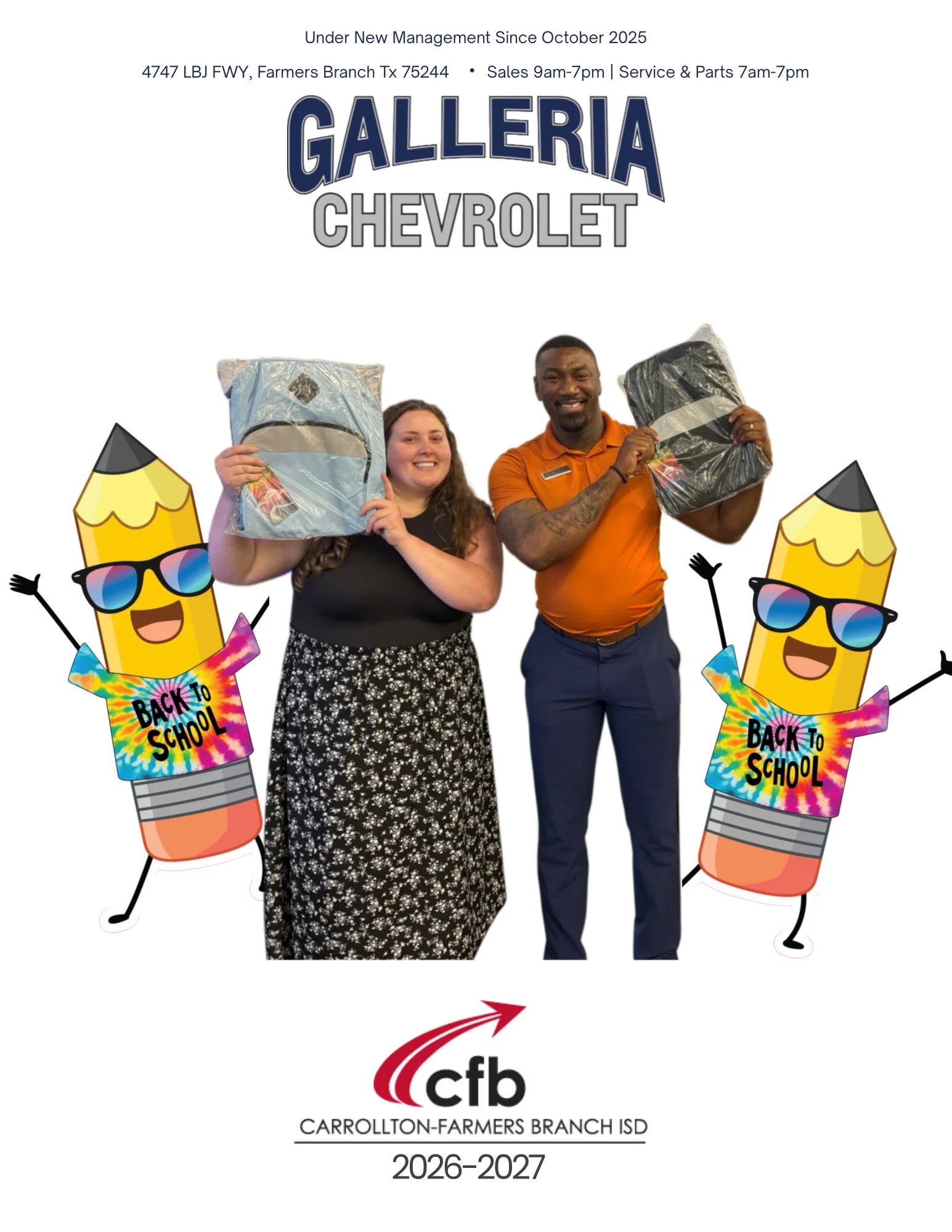 Backpacks donated by Galleria Chevrolet for the Carrollton-Farmers Branch ISD back-to-school drive