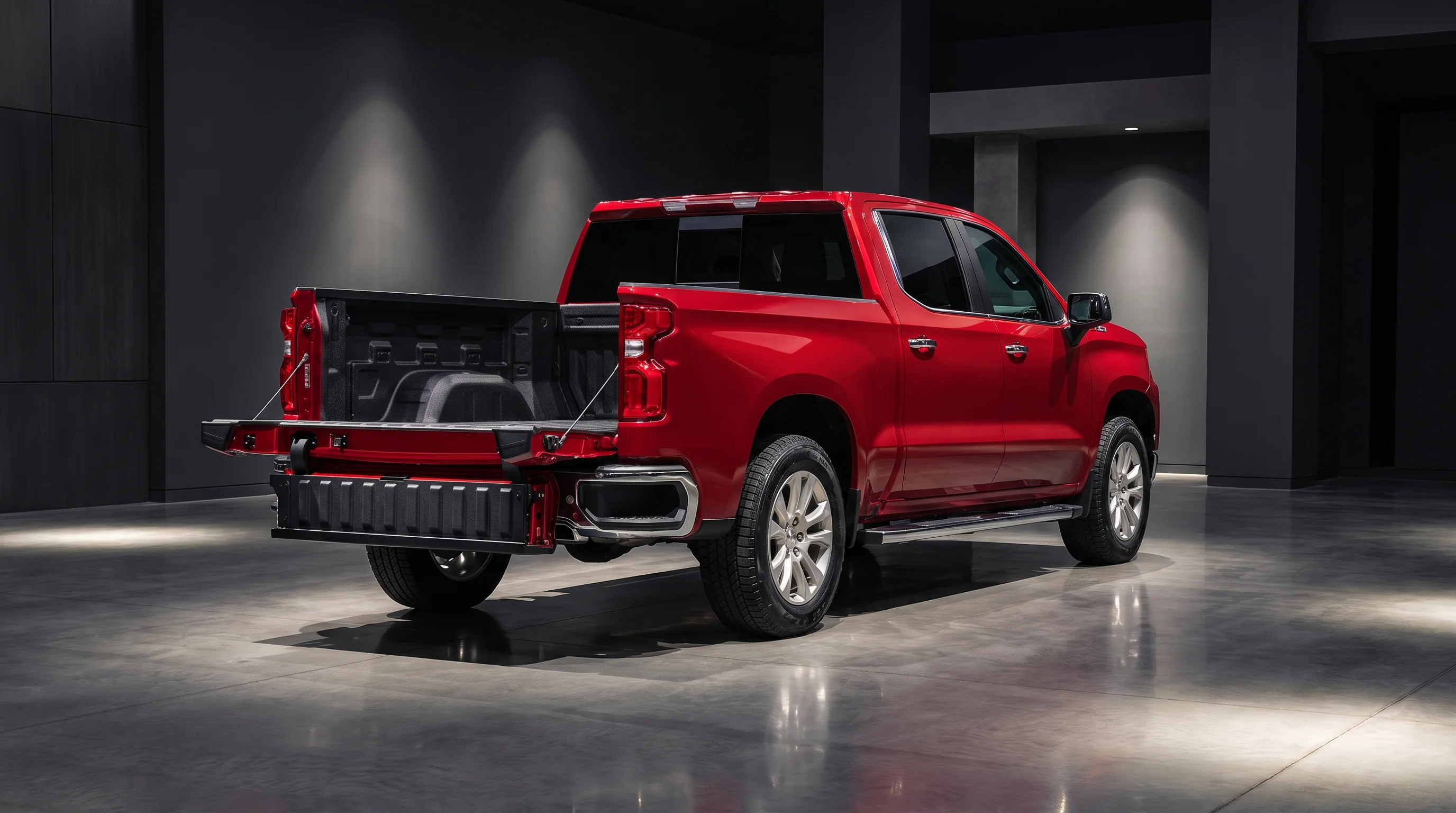 Chevrolet Silverado parked with the tailgate down at a game-day tailgate setup