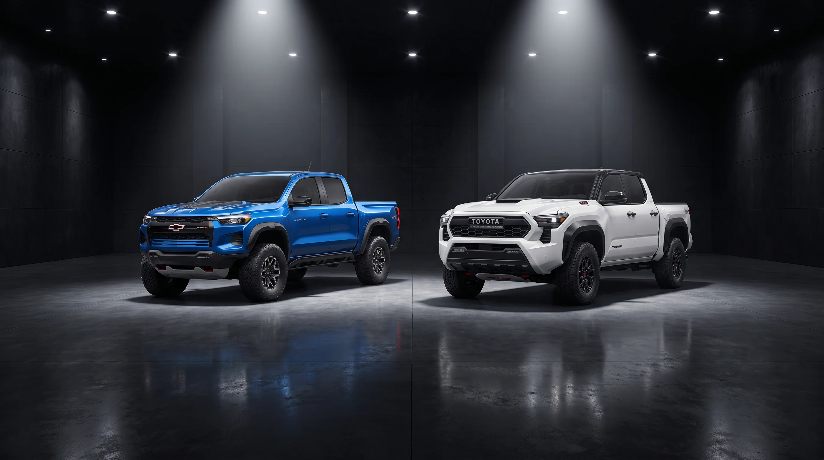 2026 Chevrolet Colorado and 2026 Toyota Tacoma midsize pickup trucks compared side by side