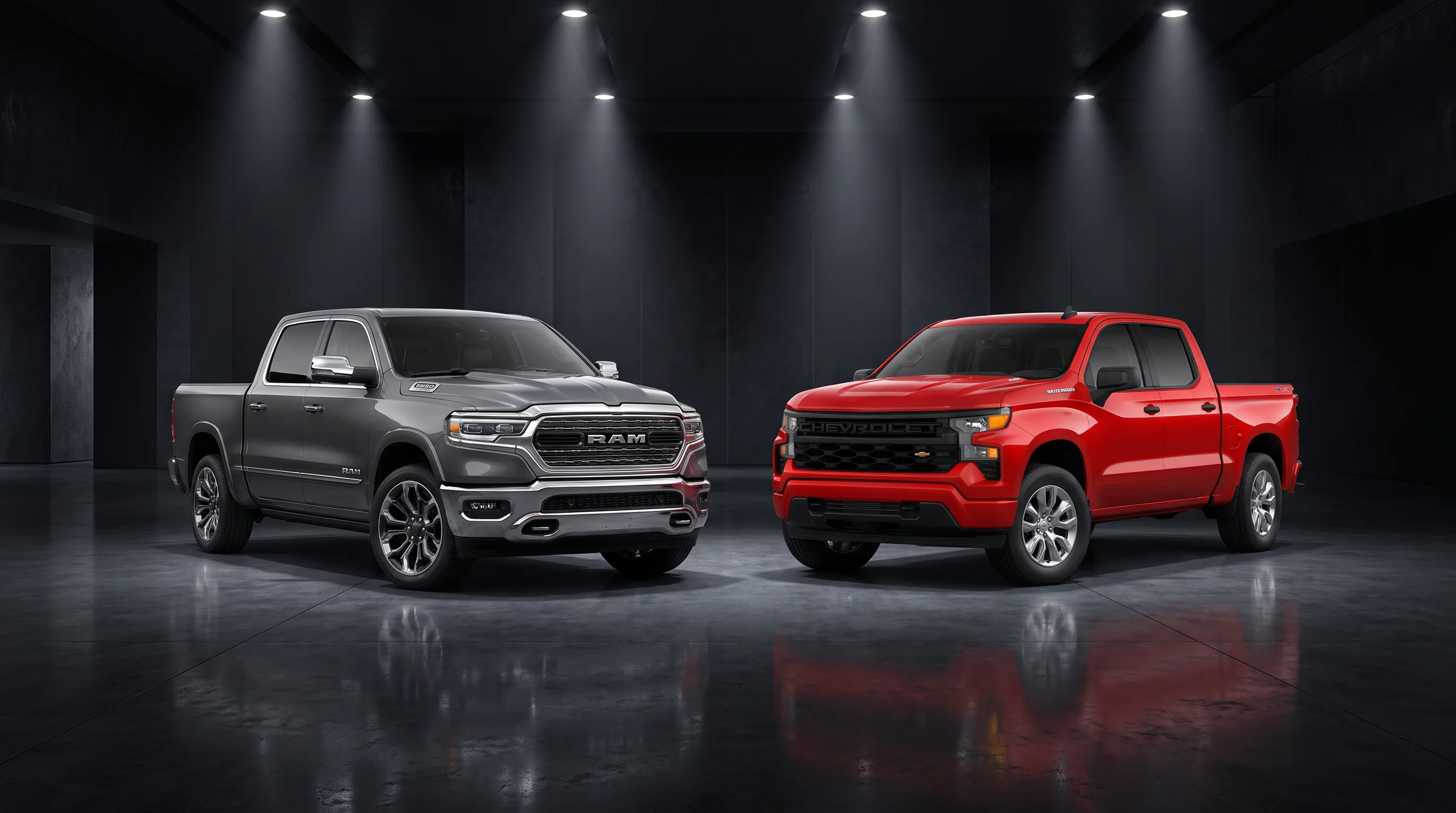 2026 Chevrolet Silverado 1500 compared with the 2026 Ram 1500 full-size pickup at Galleria Chevrolet in Dallas, TX