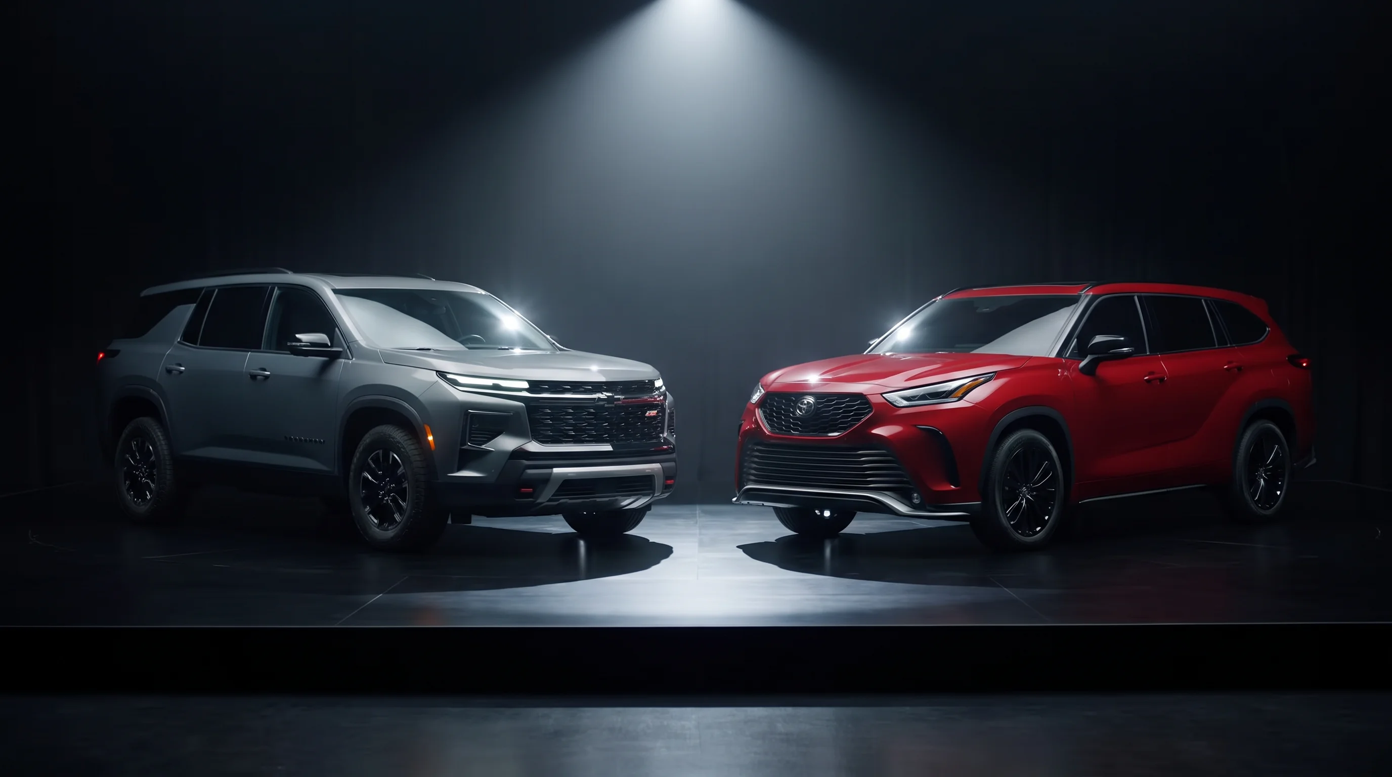 2026 Chevrolet Traverse and 2026 Toyota Highlander three-row SUVs compared at Galleria Chevrolet in Dallas