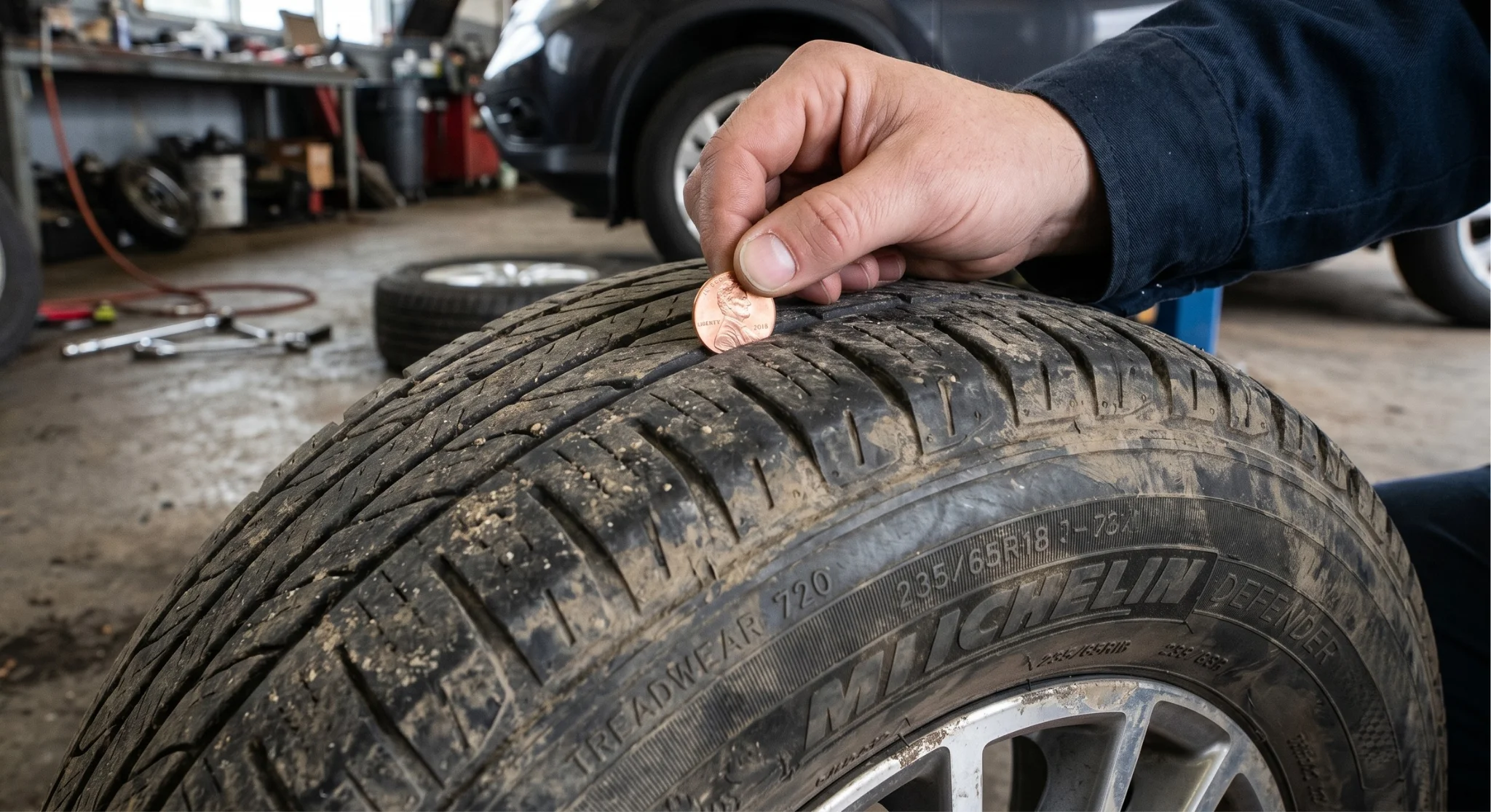 Performing the penny test by inserting a penny into the tire tread grooves to check tread depth