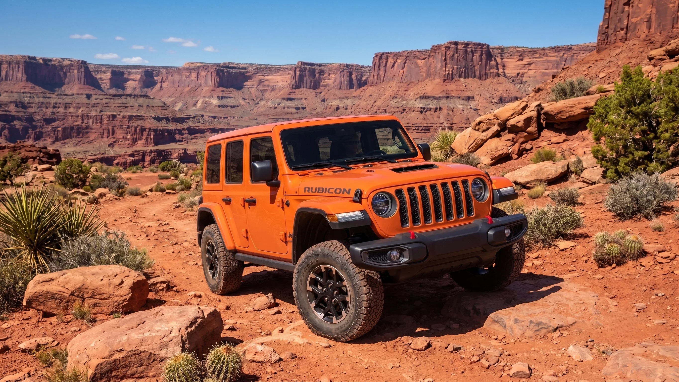 A Jeep Wrangler on a rugged Inland Empire off-road trail in the San Bernardino Mountains near Ontario, California