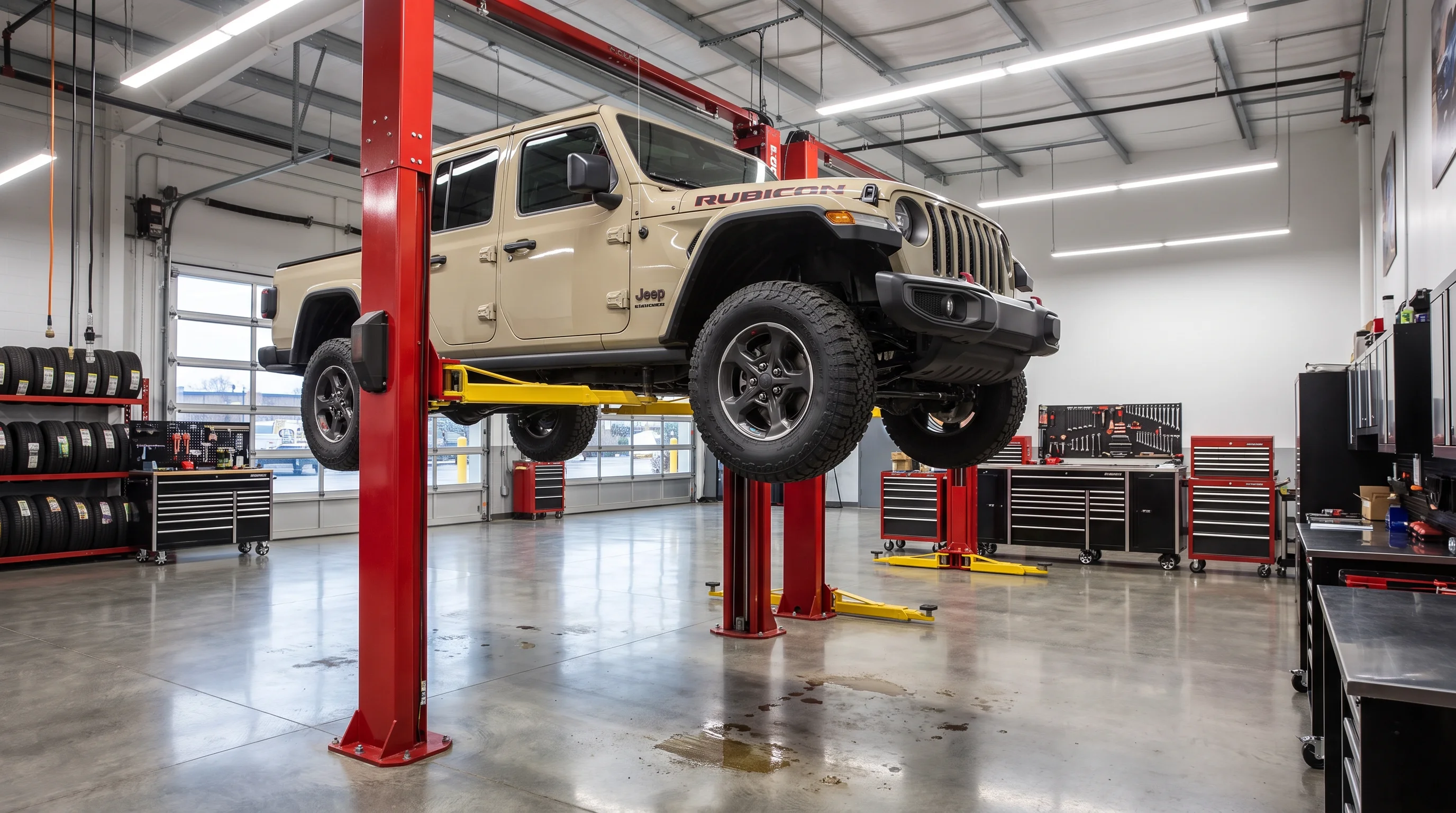 Certified technician performing scheduled service on a vehicle in the service bay at Jeep Chrysler Dodge RAM FIAT of Ontario