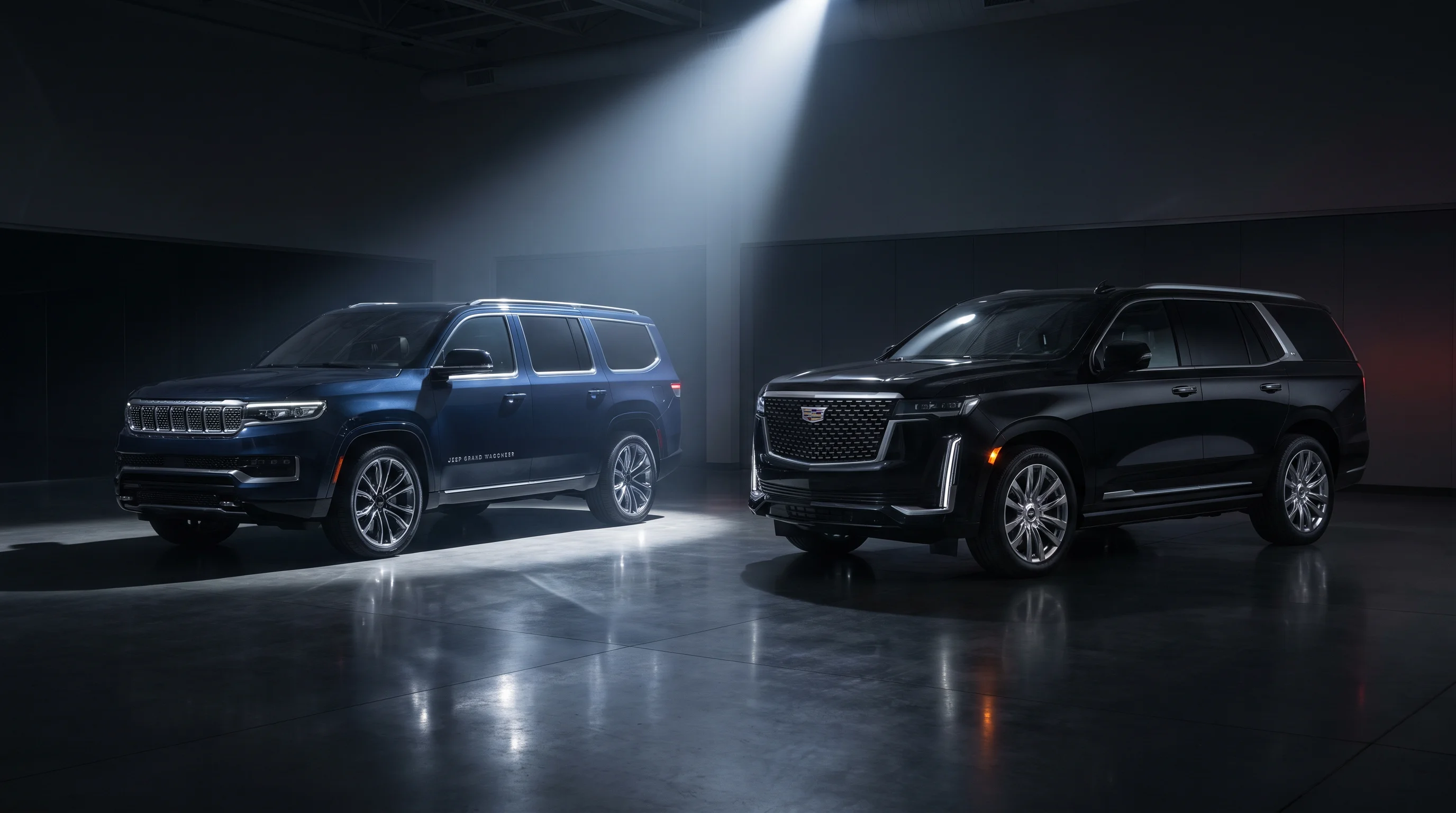 2026 Jeep Grand Wagoneer and 2026 Cadillac Escalade full-size luxury SUVs shown side by side