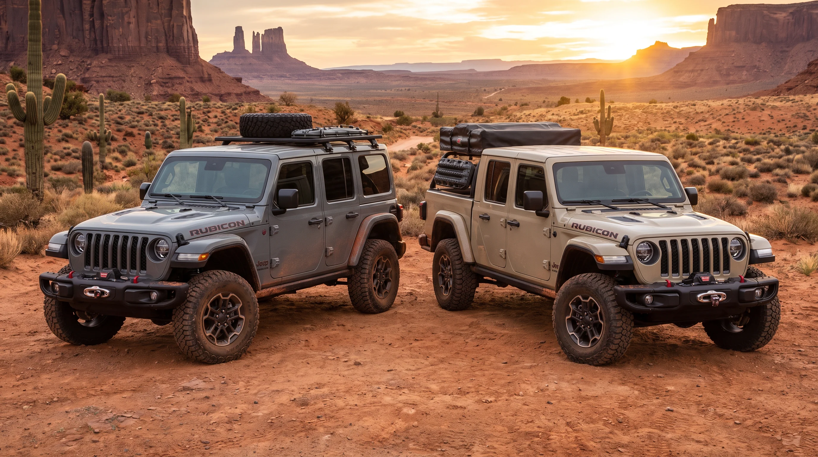Jeep Wrangler four-door SUV and Jeep Gladiator pickup truck compared side by side