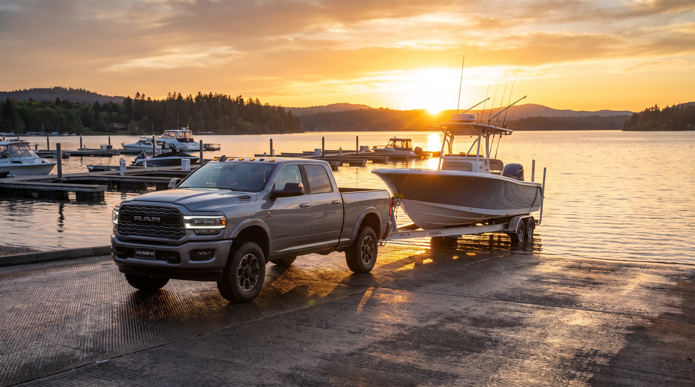 2026 Ram 2500 heavy duty pickup towing a loaded trailer on a desert highway