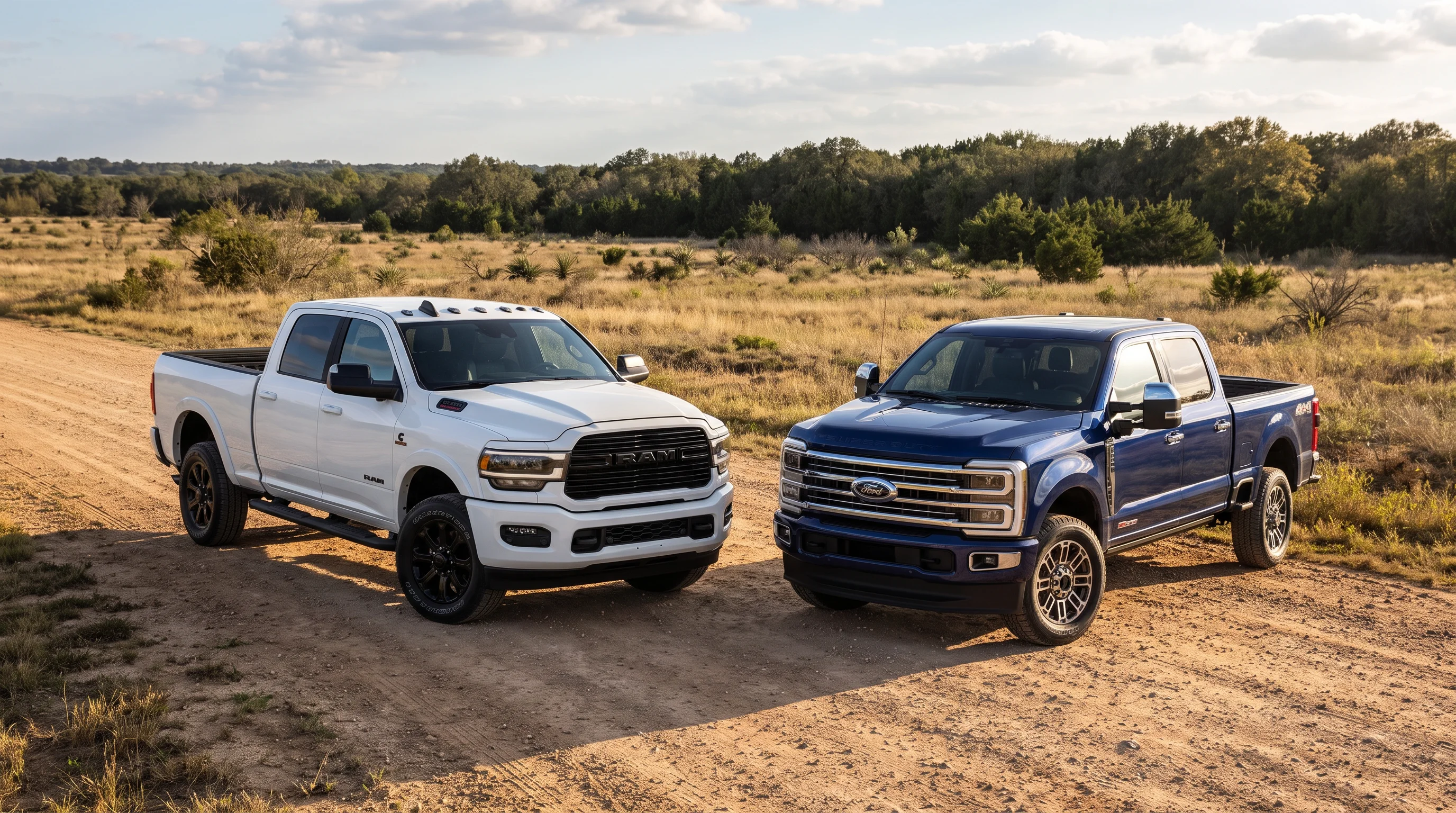 2026 Ram 2500 and 2026 Ford F-250 heavy-duty pickup trucks compared at Joshua Tree CDJR in Yucca Valley, CA
