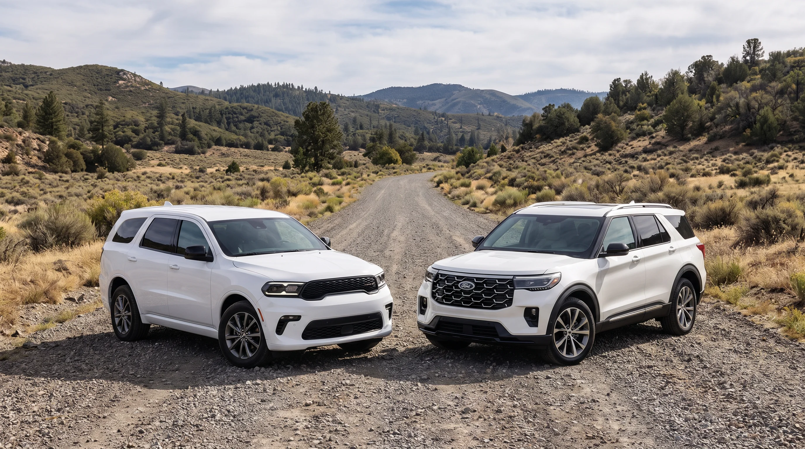 2026 Dodge Durango and 2026 Ford Explorer three-row SUVs compared at Joshua Tree CDJR in Yucca Valley, CA