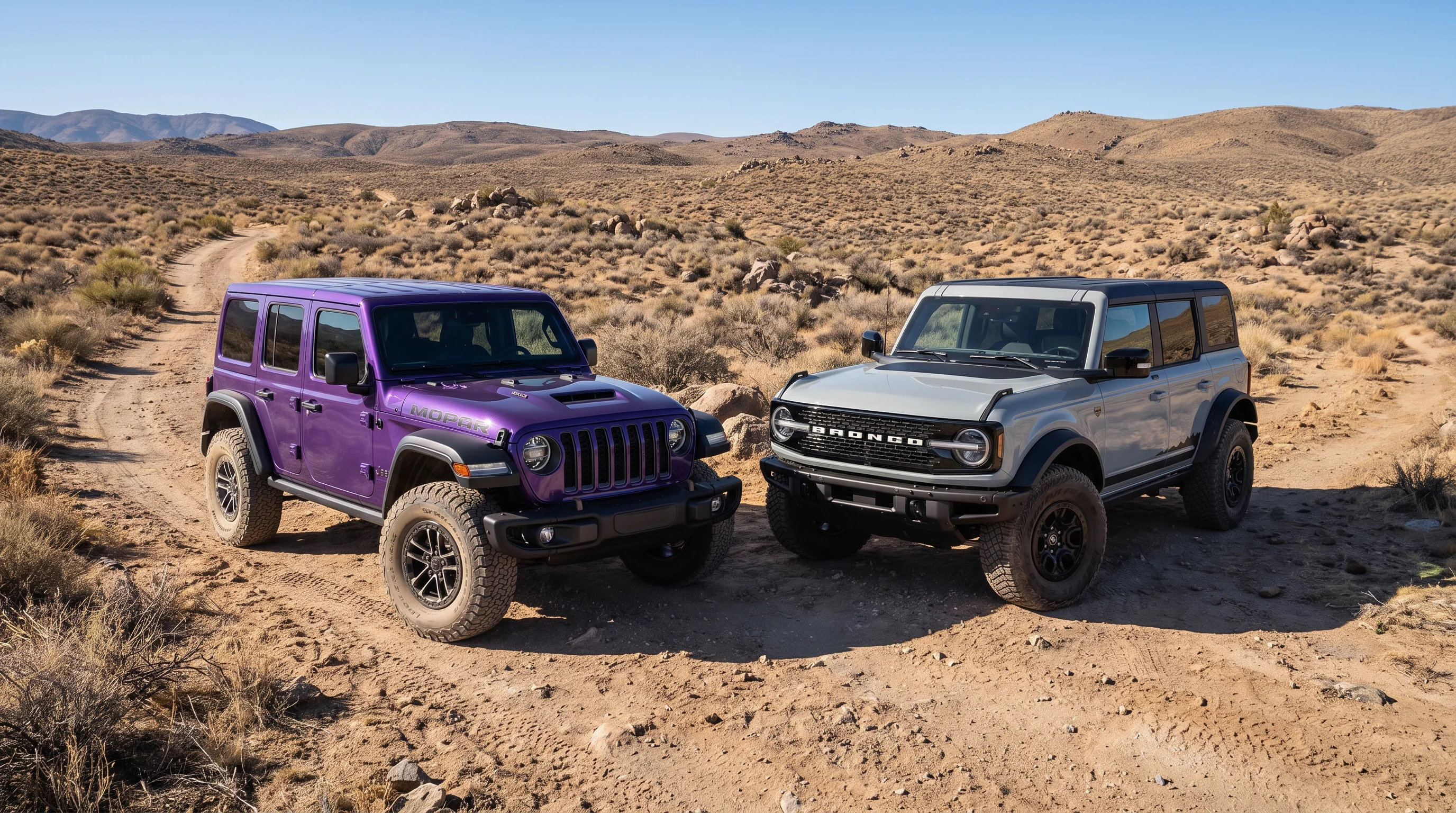2026 Jeep Wrangler 4-Door and 2026 Ford Bronco 4-Door compared side by side at Joshua Tree CDJR in Yucca Valley, CA