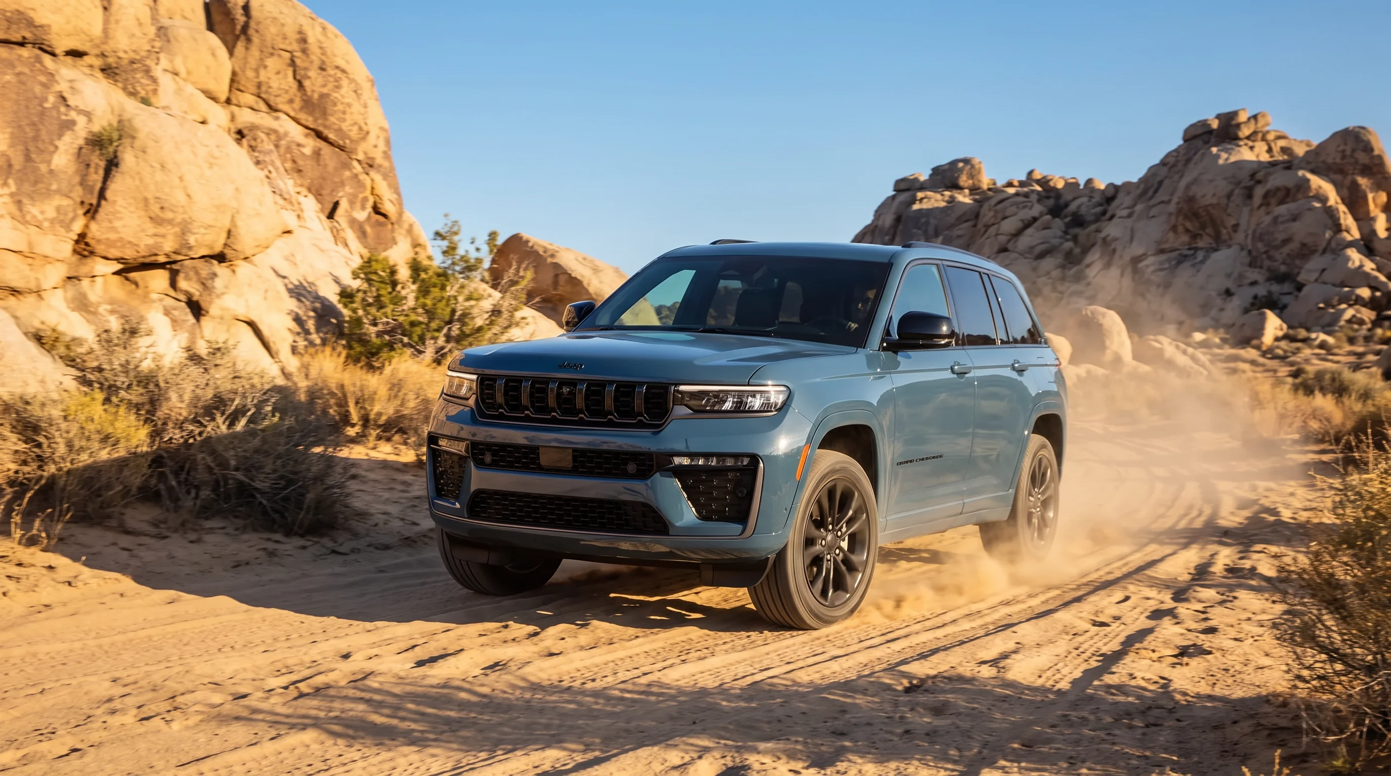 Jeep Grand Cherokee parked on a desert trail near Yucca Valley, California
