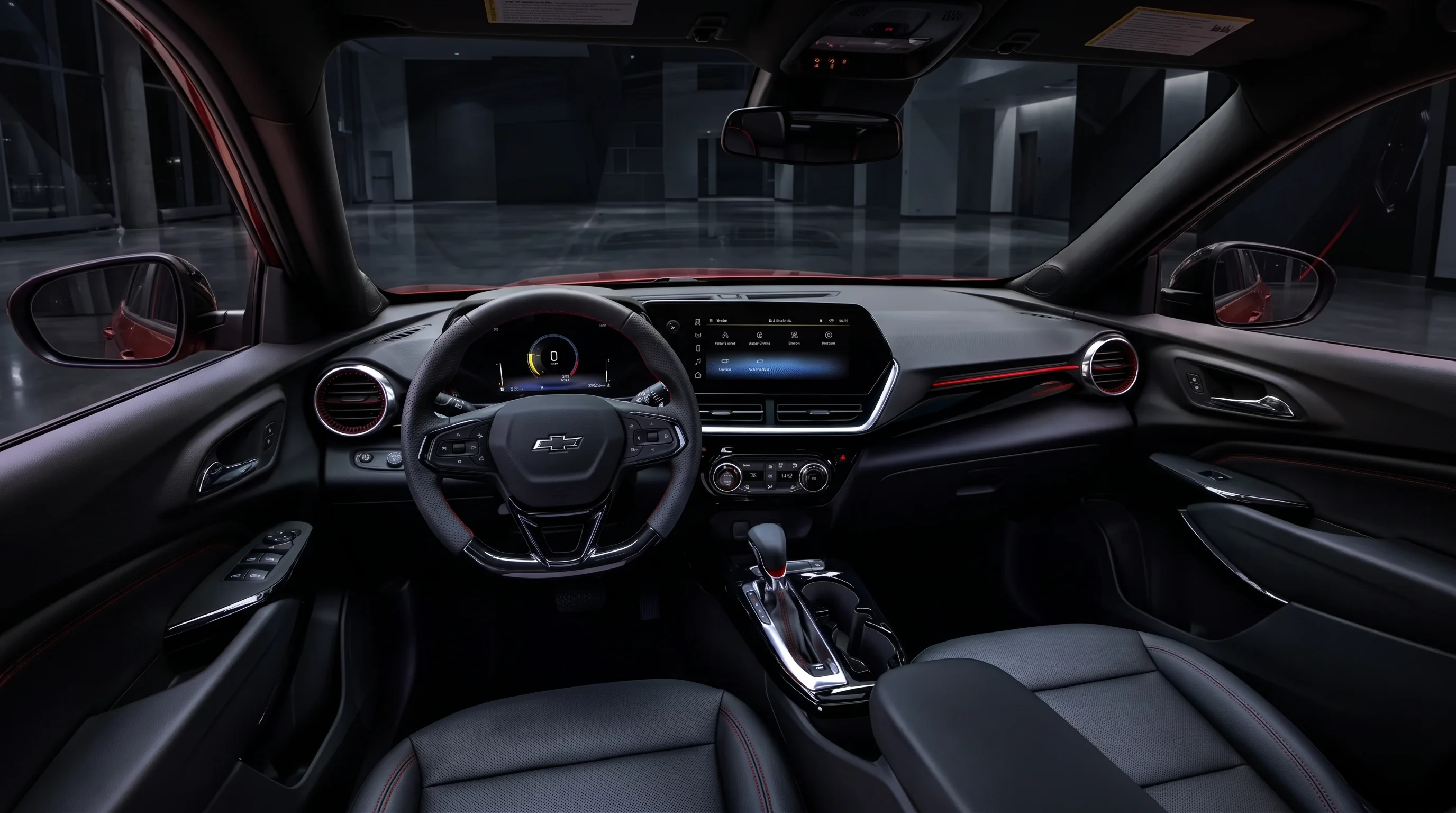 Interior cabin of the 2026 Chevy Trax showing the center touchscreen, driver display, steering wheel, and front seats