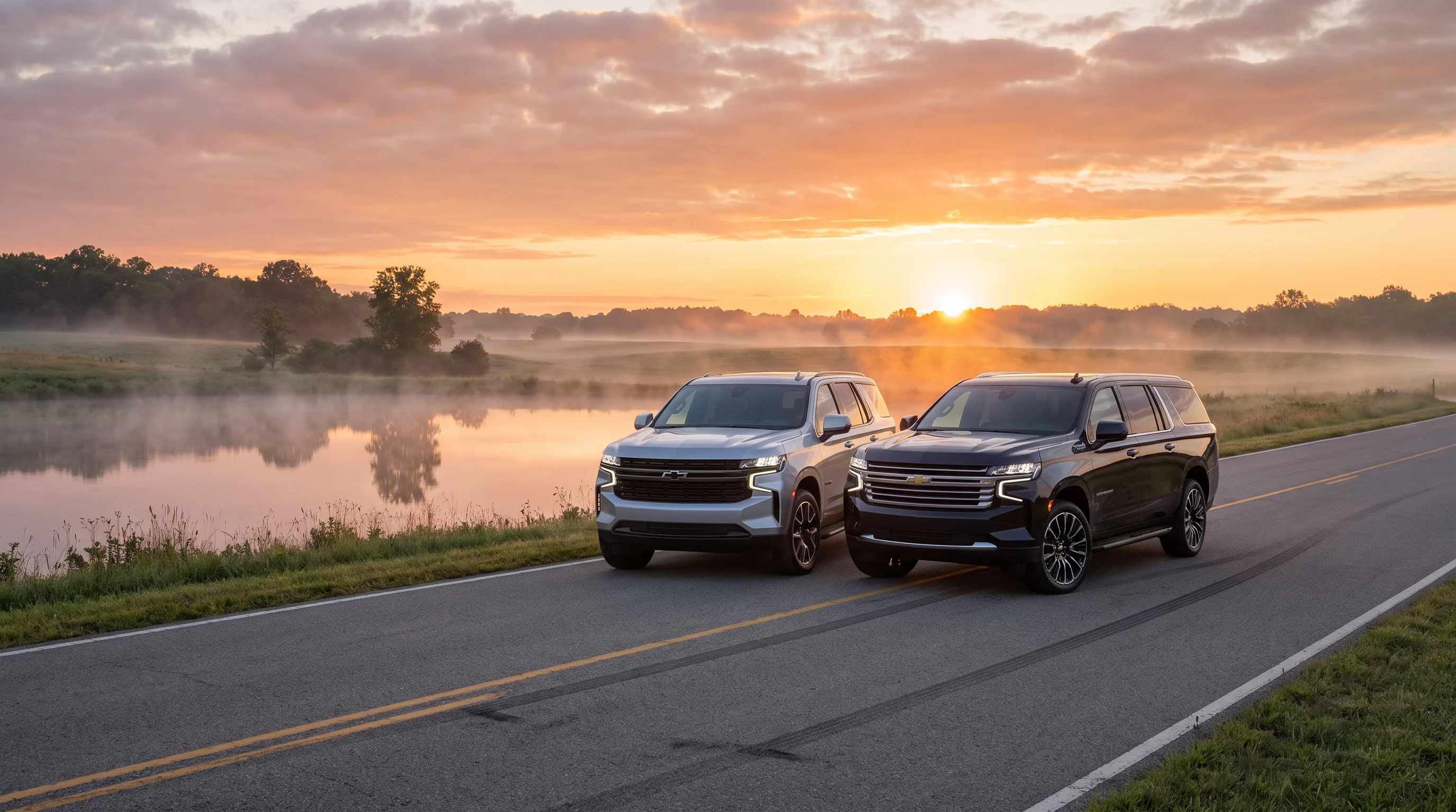 2026 Chevrolet Tahoe and 2026 Chevrolet Suburban full-size SUVs shown side by side