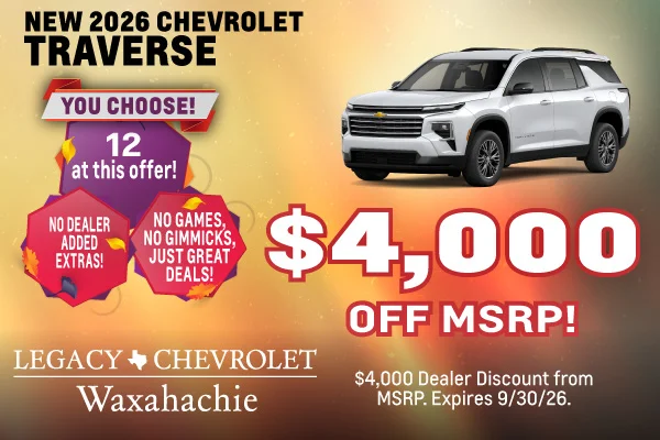 New 2026 Chevrolet Traverse, $4,000 off MSRP at Legacy Chevrolet of Waxahachie.