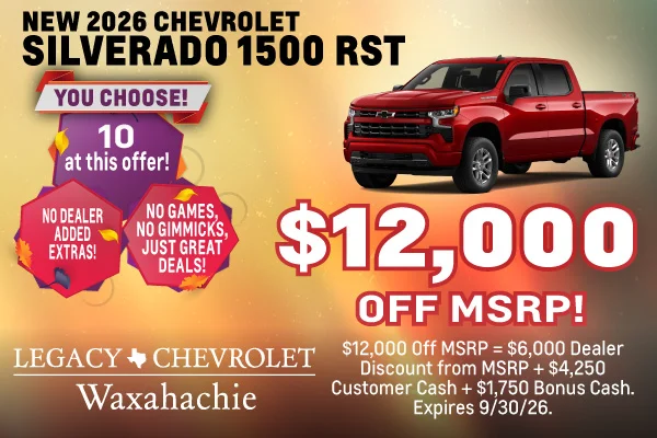 New 2026 Chevrolet Silverado 1500 RST, $12,000 off MSRP at Legacy Chevrolet of Waxahachie.